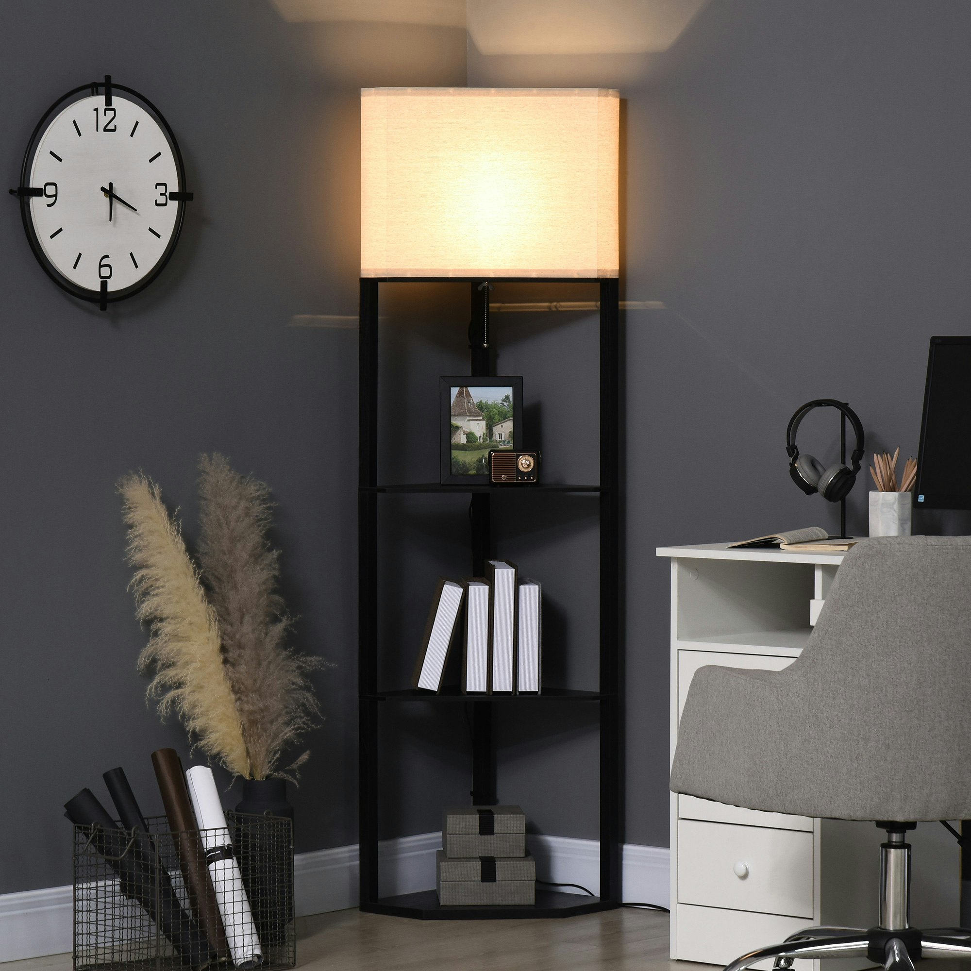 Homcom Black Corner Modern Floor Lamp With Shelves For Living Room,