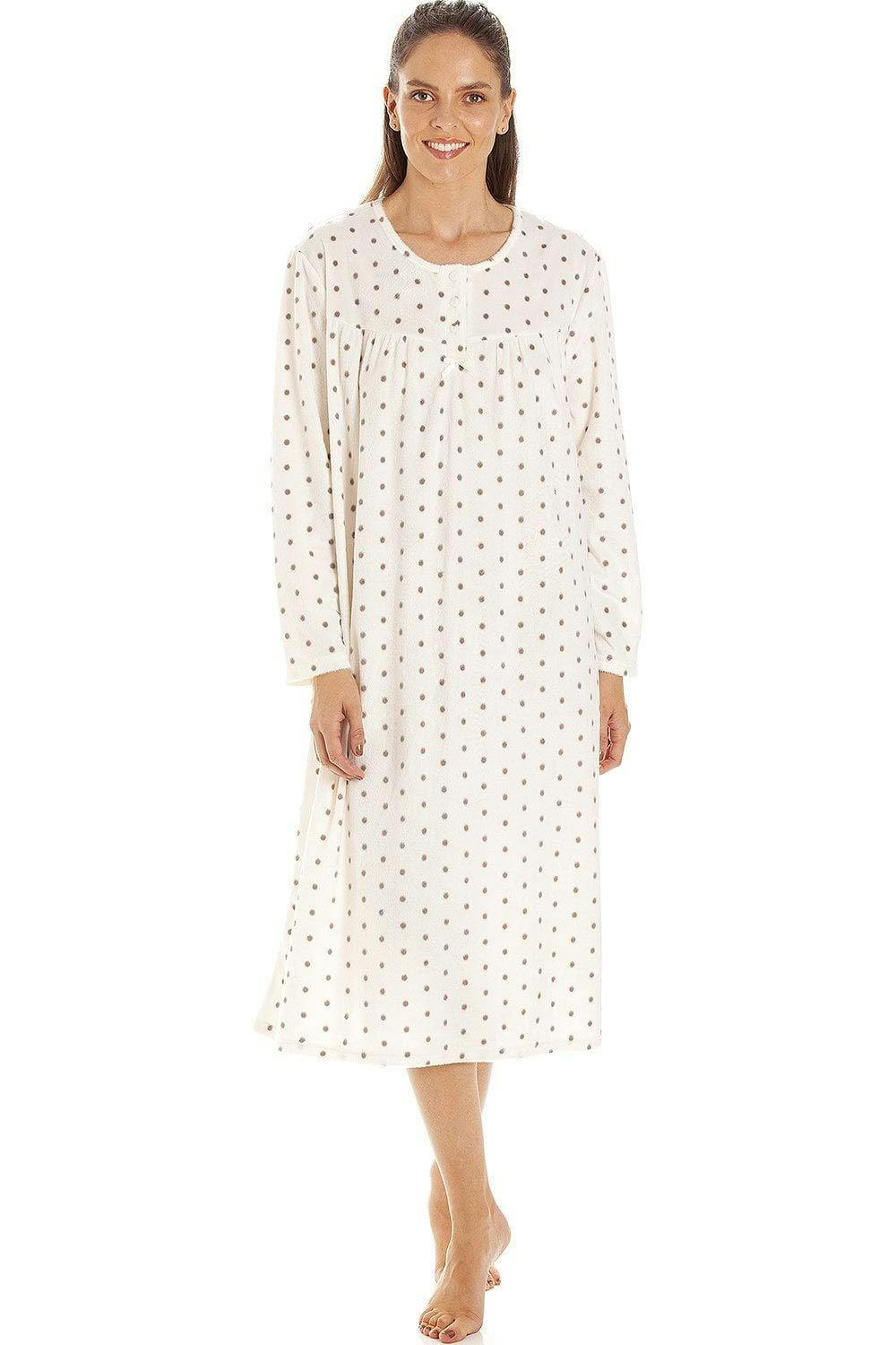 Camille Classic Long Sleeve Polka Dot Soft Fleece Nightdresses - Mink - 22-24
