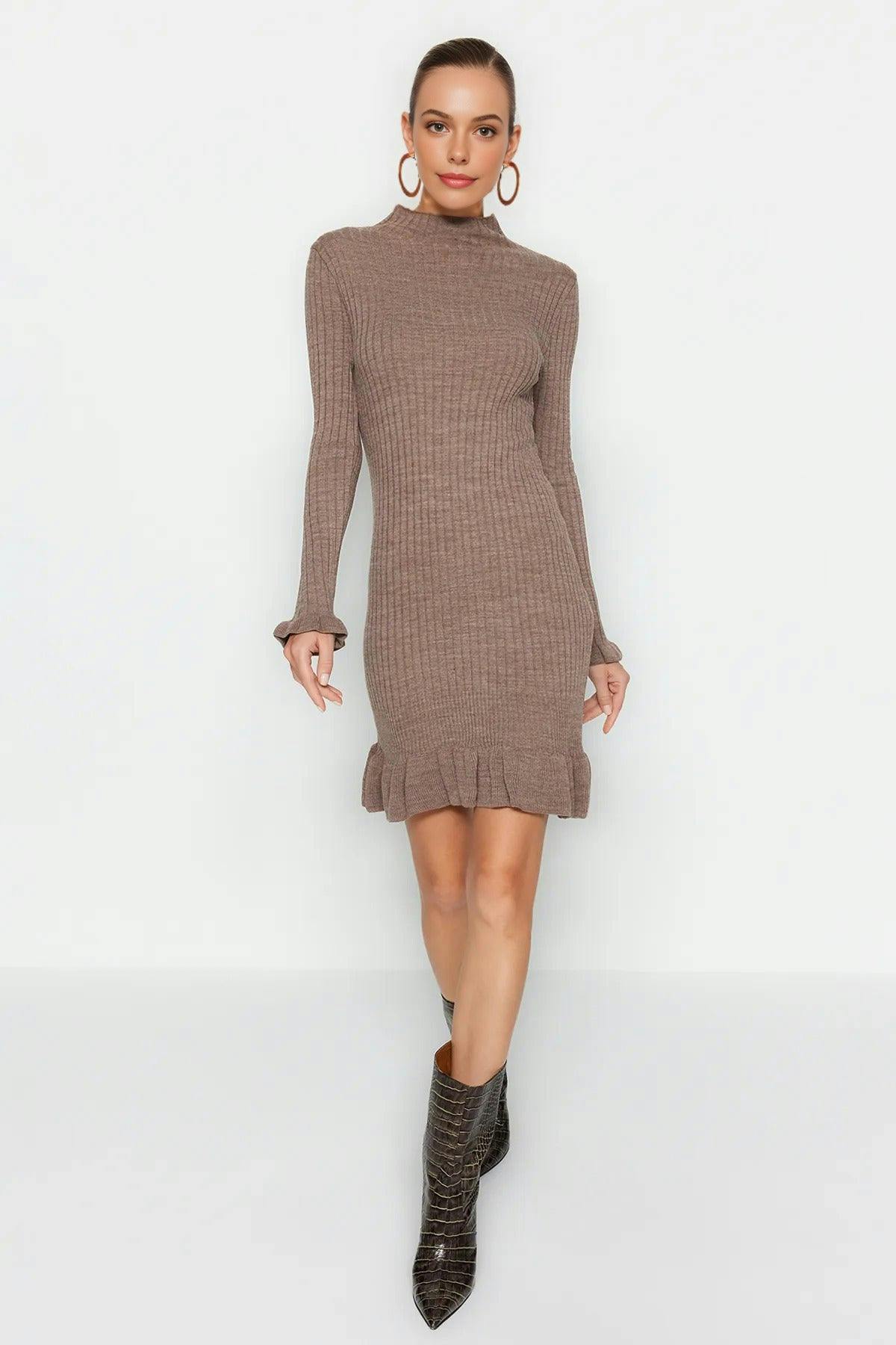 Wovcor Light Mini Flounce Detailed Knit Dress - Taupe - L
