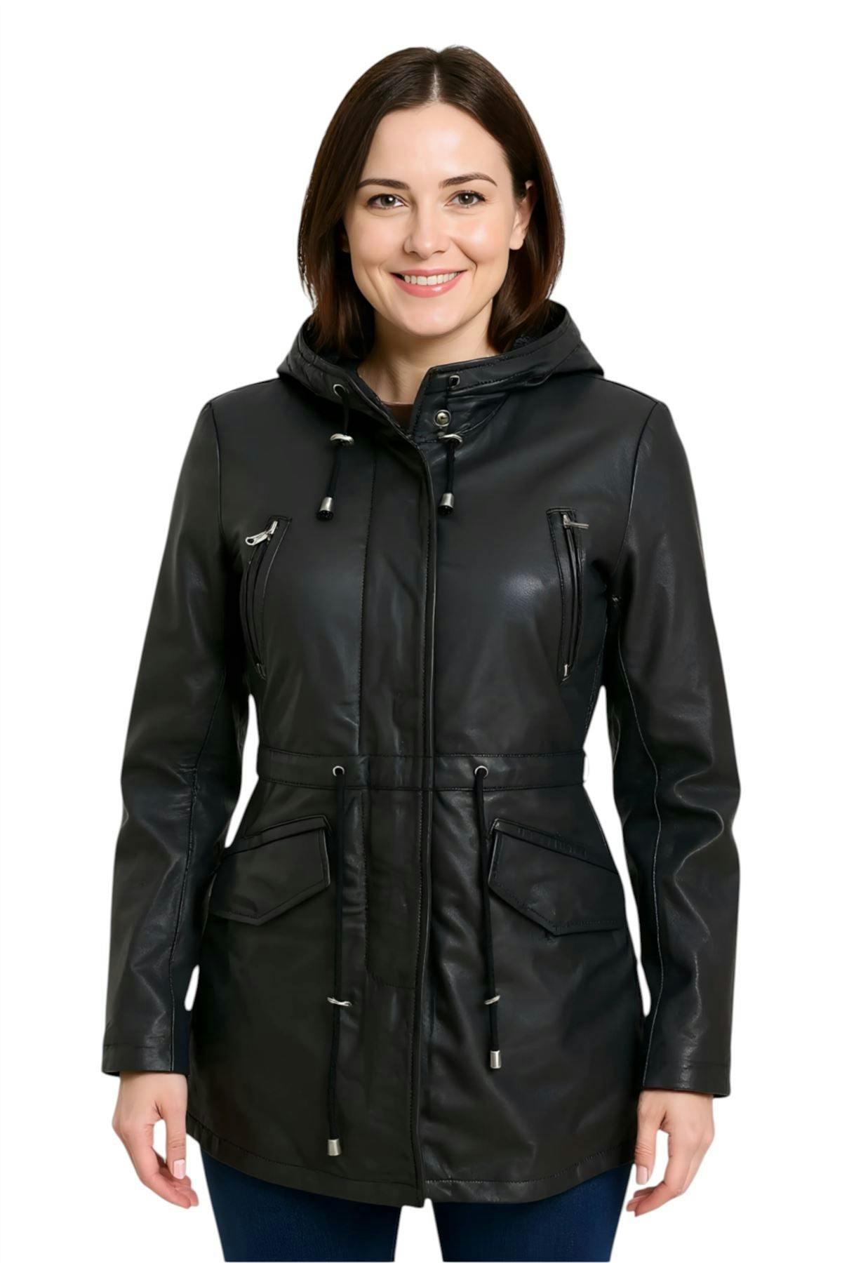 Infinity Leather Women's Black Leather Hooded Parka Jacket-Bucharest - Uk Xl/16 | Eu 42 | Us 12