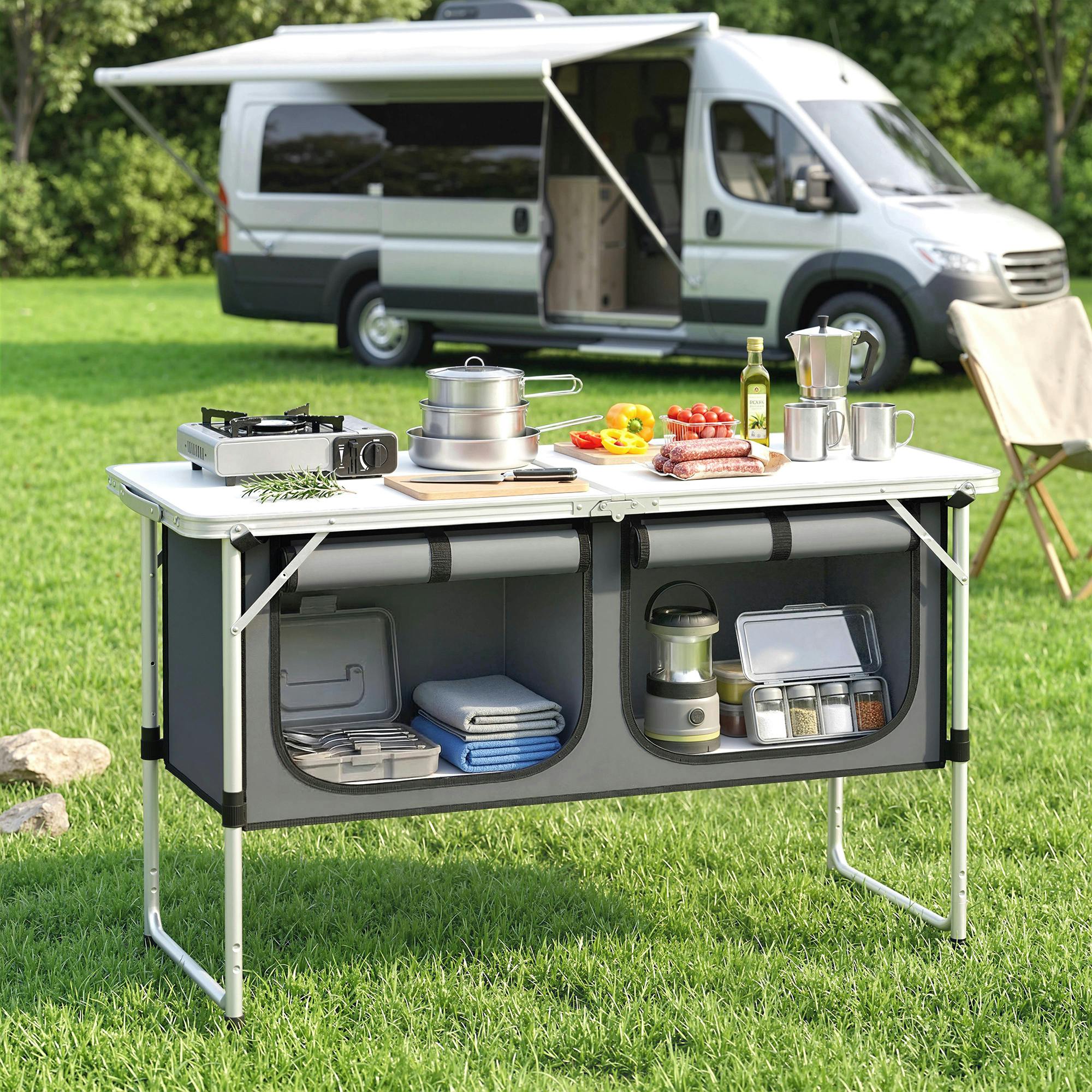 Outsunny Camping Cupboards Folding Portable With Storage - Camping Kitchen - Cupboard, Tabletop - 1