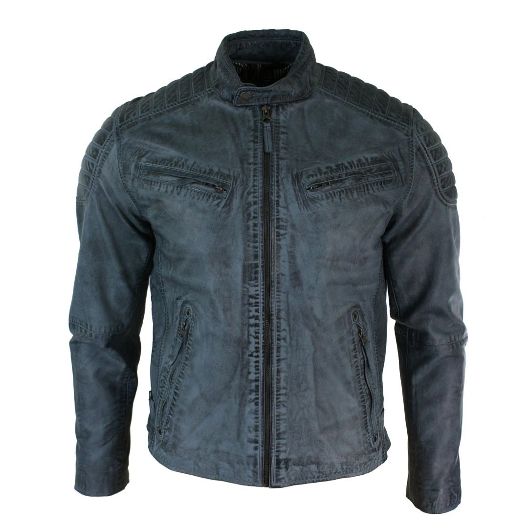 Aviatrix Men's Blue/Grey Leather Zipped Biker Jacket Washed - Small
