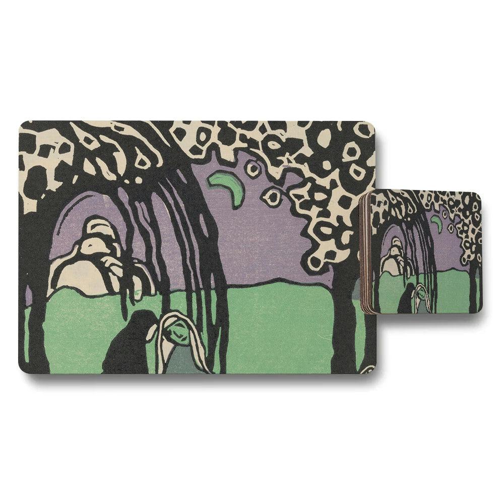 Rackhams Purple/Green Abstract Art Placemat And Coaster Set In Landscape
