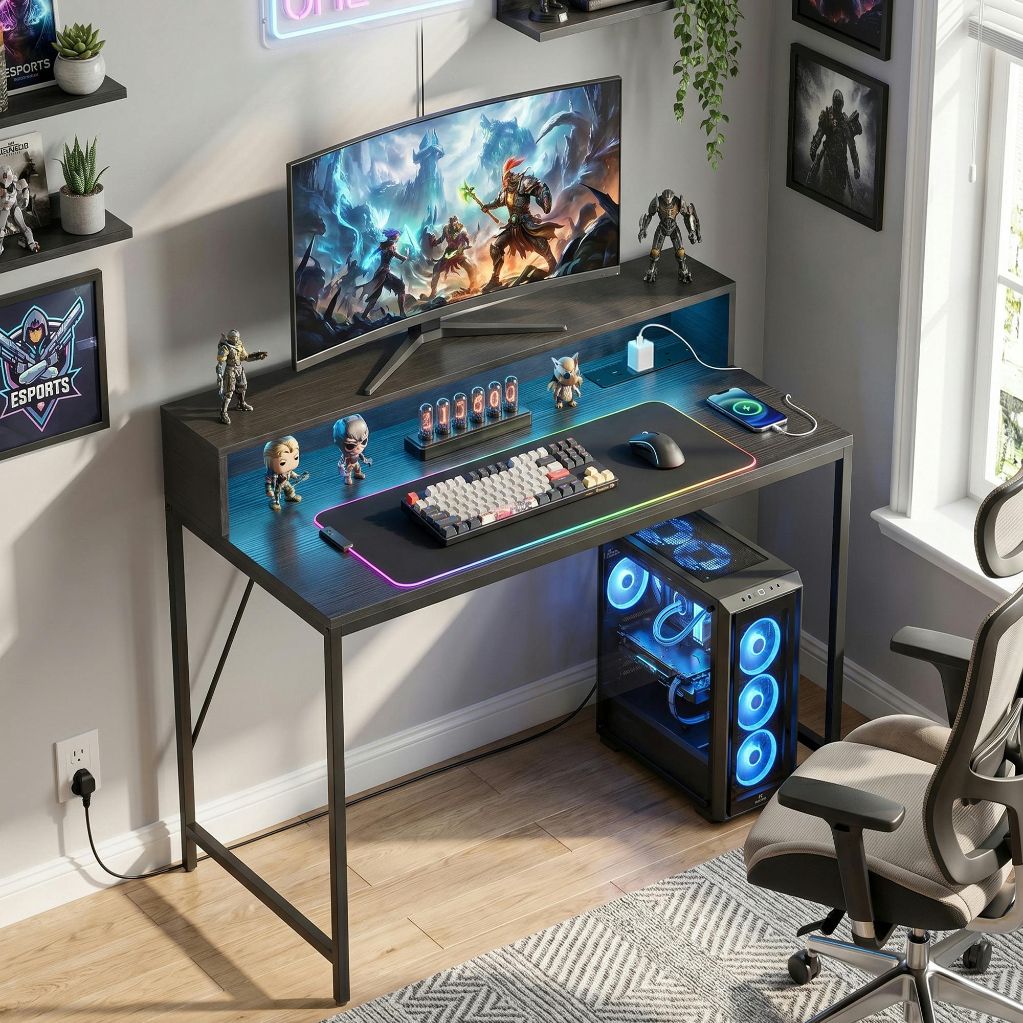 Rackhams Black Gaming Desk With Led Lights And Power Outlets, Wood-Effect