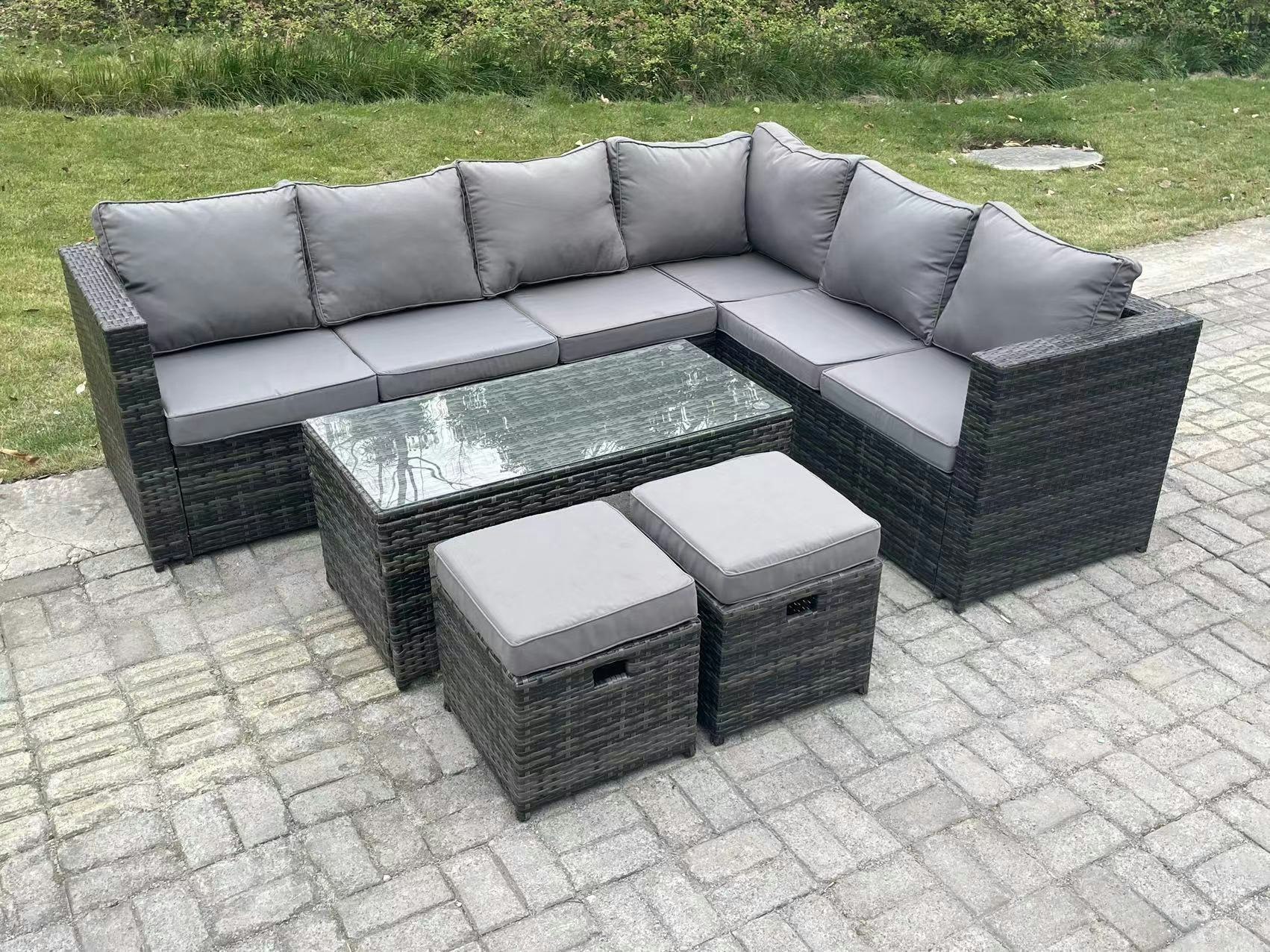 Rackhams Dark/Grey 8 Seater Rattan Corner Sofa Lounge Sofa Set With Rectangular Coffee Table 2 Stool Mixed Right Hand