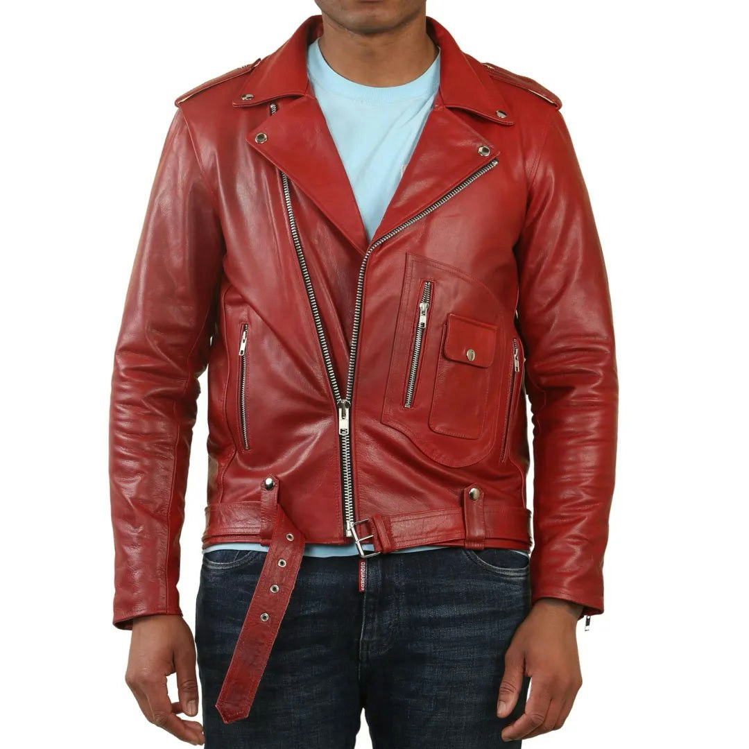Infinity Leather Men's Red Cow Hide Biker Brando Cross Zip Leather Jacket - 4XL