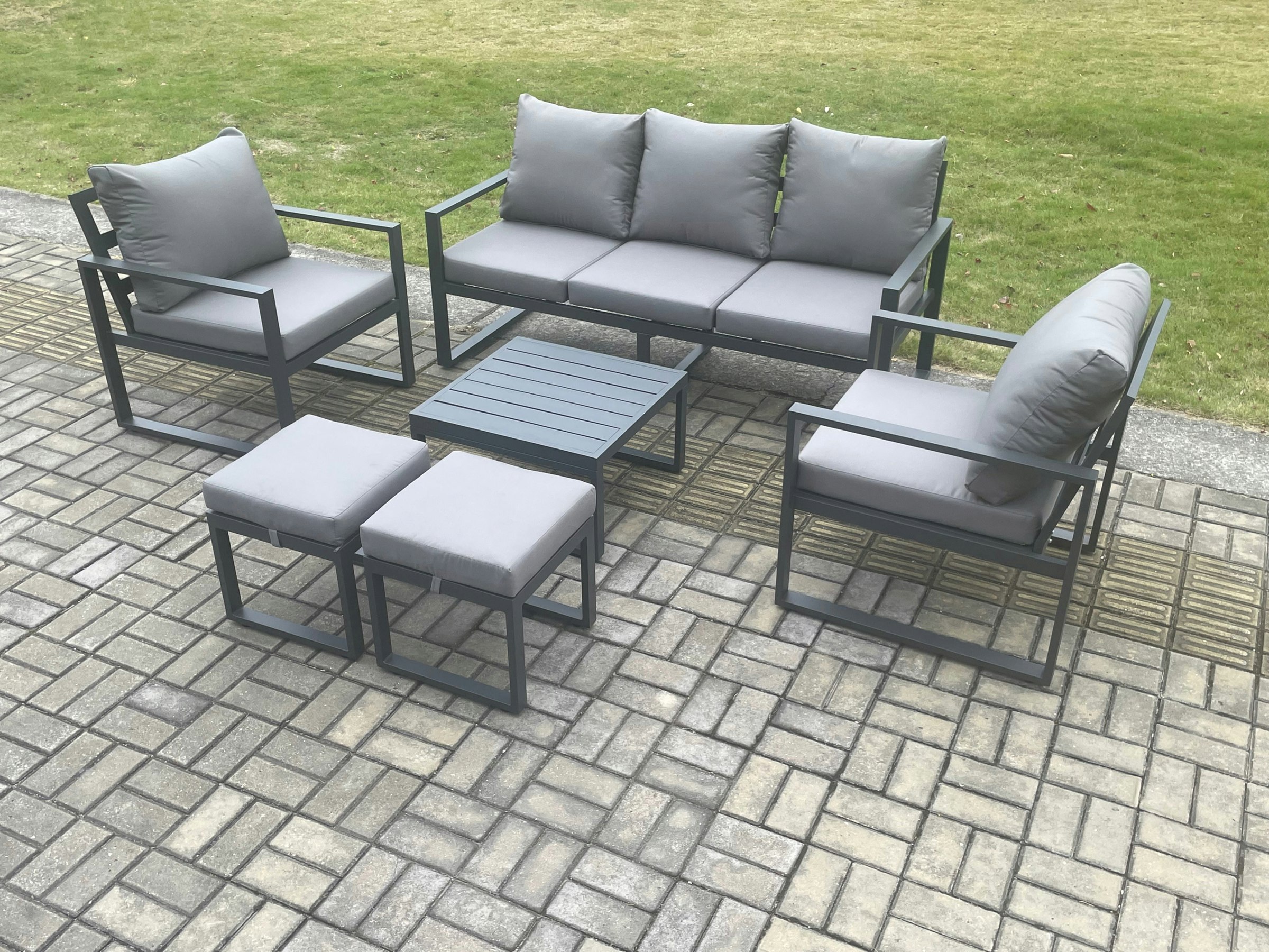 Fimous Dark/Grey Aluminium 7 Seater Outdoor Lounge Sofa Set Garden Furniture Sets With Square Coffee Table 2 Chairs 2 Small Footstools