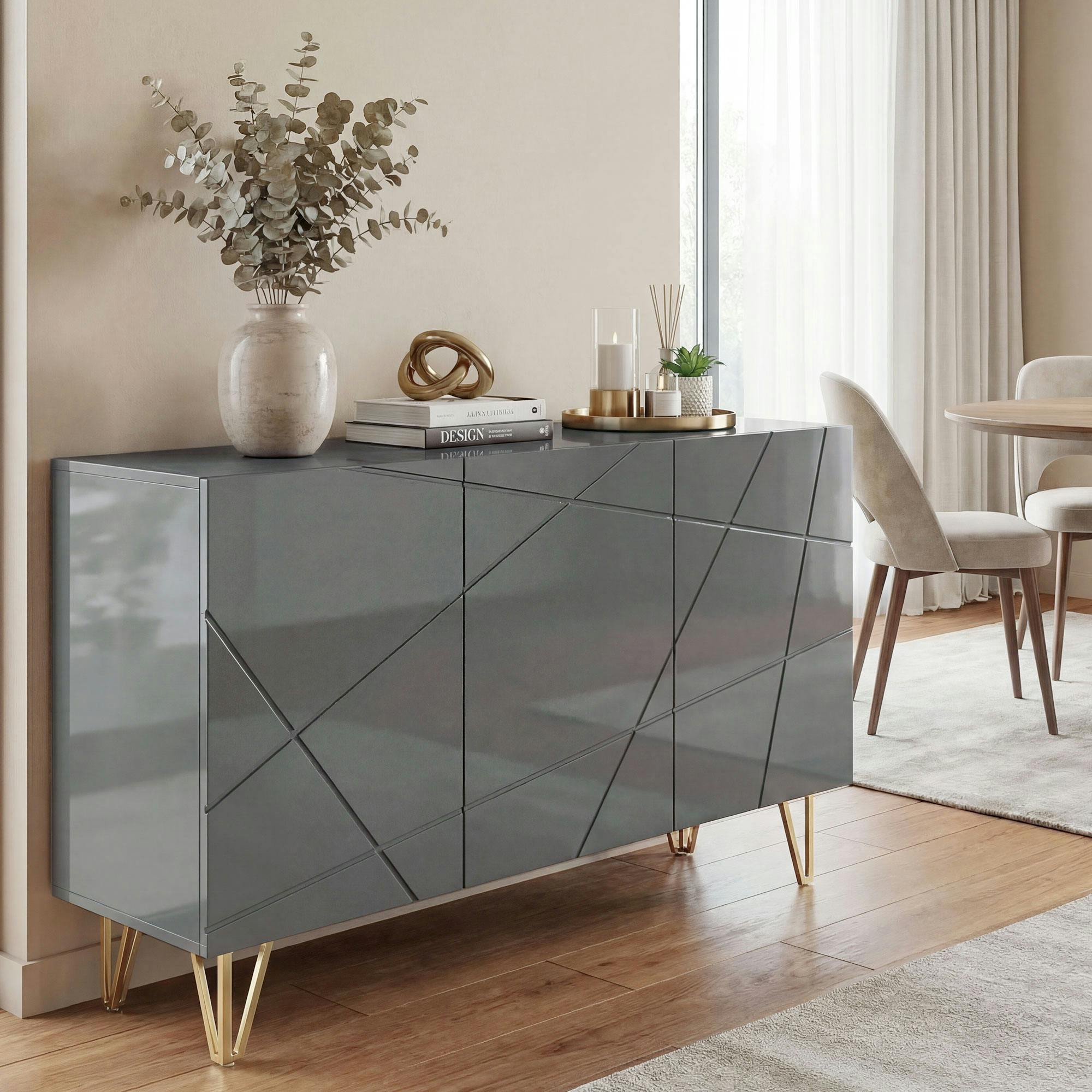 Rackhams Grey Storage Cabinet, Sideboard With Adjustable Shelves, High Gloss - High Gloss - Storage Cabinet - High Gloss