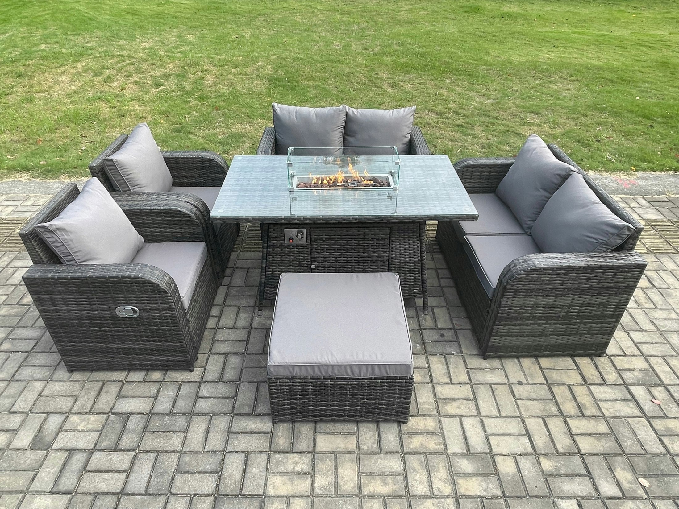 Rackhams Dark/Grey 7 Seater Rattan Garden Furniture Set Propane Gas Fire Pit Table And Sofa Chair Set With Big Footstool