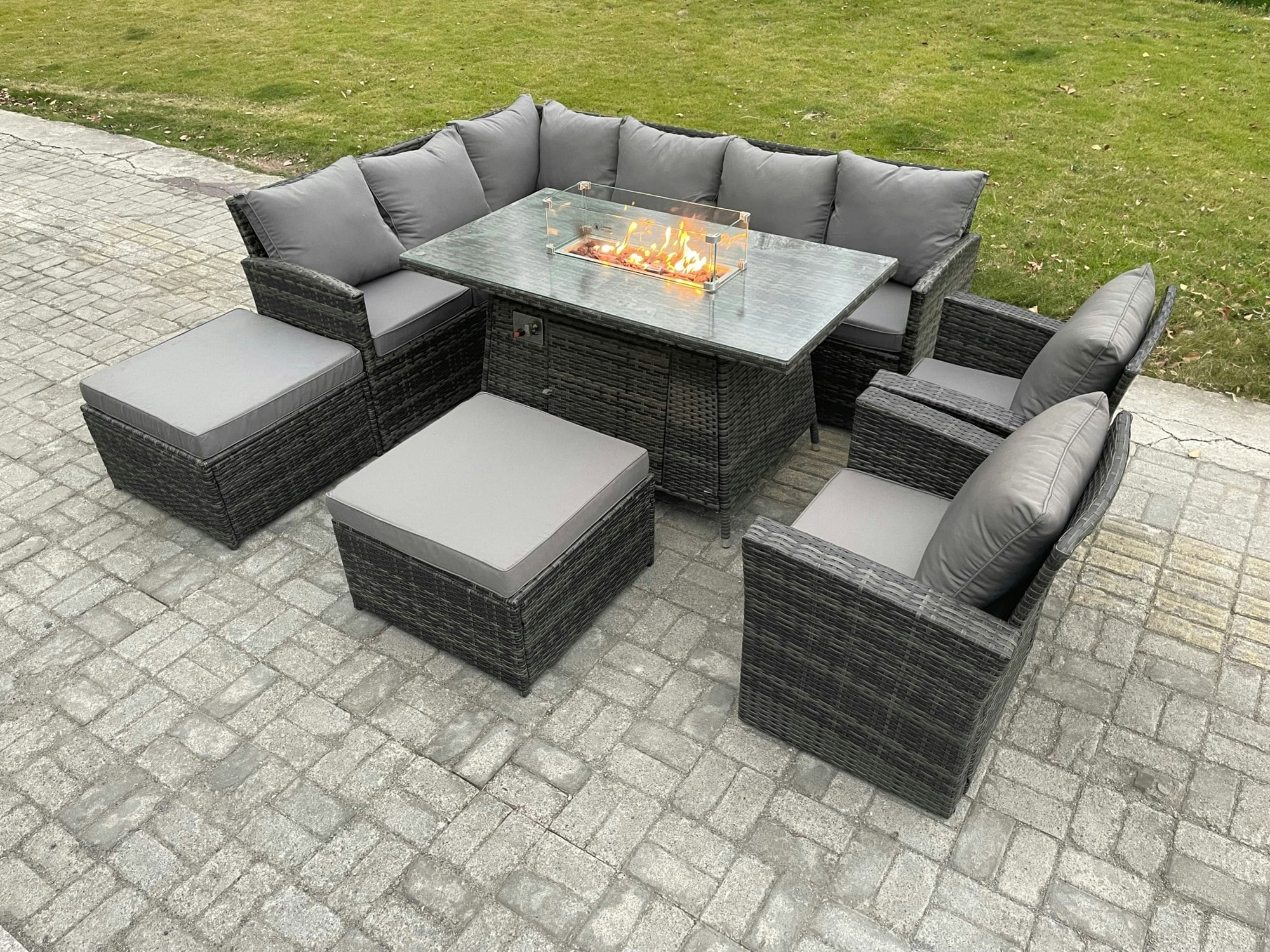 Rackhams Dark/Grey 10-Seater Rattan Corner Sofa Dining Set | Outdoor Gas Fire Pit Table & Heater, 2 Armchairs, 2 Footstools