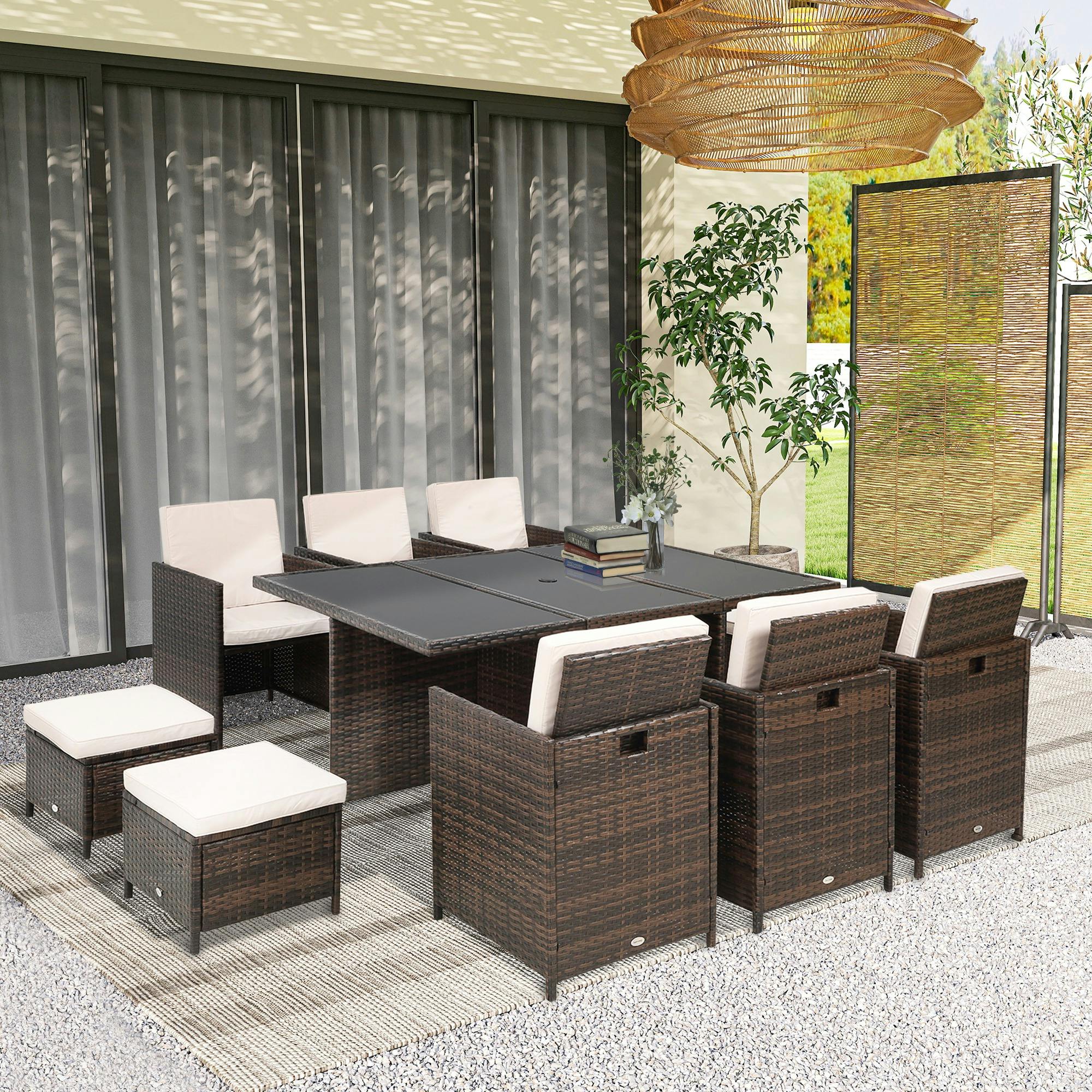Outsunny Brown 11Pc Garden Rattan Dining Set Cushion Patio Table Chair Conservatory - Aluminium, Polyester, Pe Rattan - 175Cmx116cmx74cm