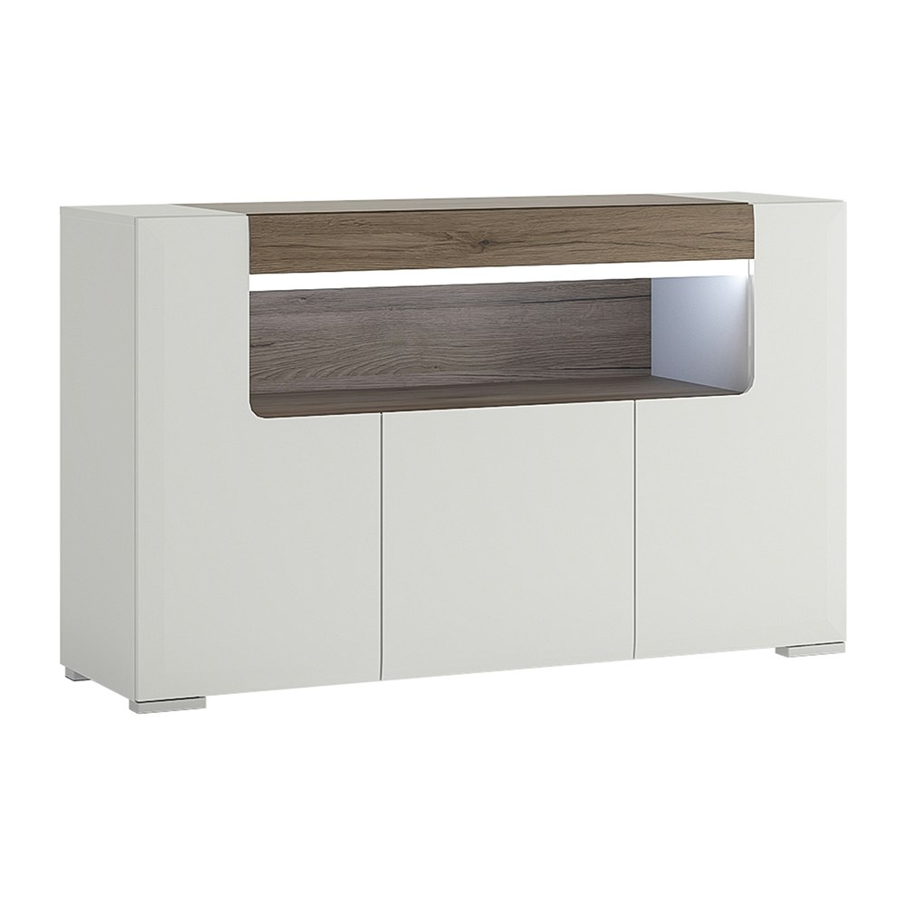 Rackhams White Toronto 3 Door Sideboard With Open Shelving (Inc. Plexi Lighting) In And Oak - & Oak - 140 - 1