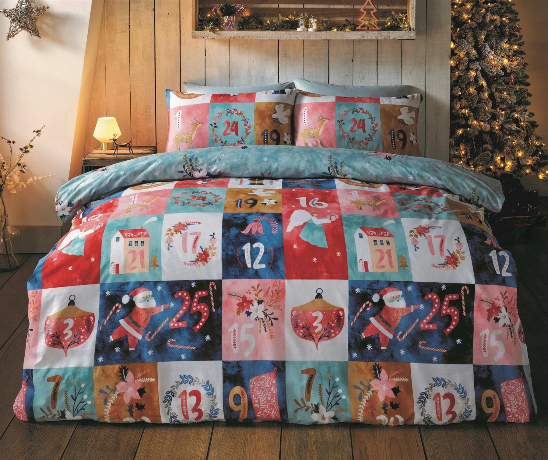 Homespace Direct Blue Advent Calendar Reversible Duvet Cover Set - Multi - Single