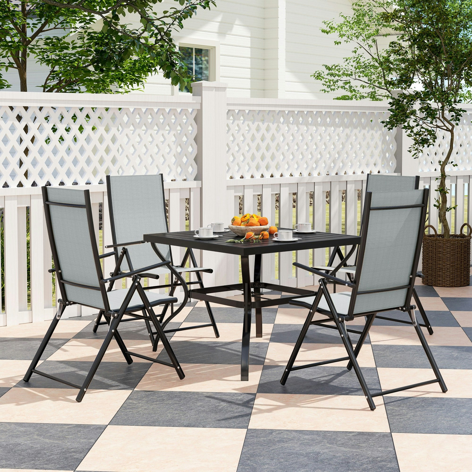 Rackhams Grey 5 Pcs Garden Dining Set, Folding Chairs And Metal Top Table, - Galvanised Steel, Texteline - 94L X 94W X 71Hcm