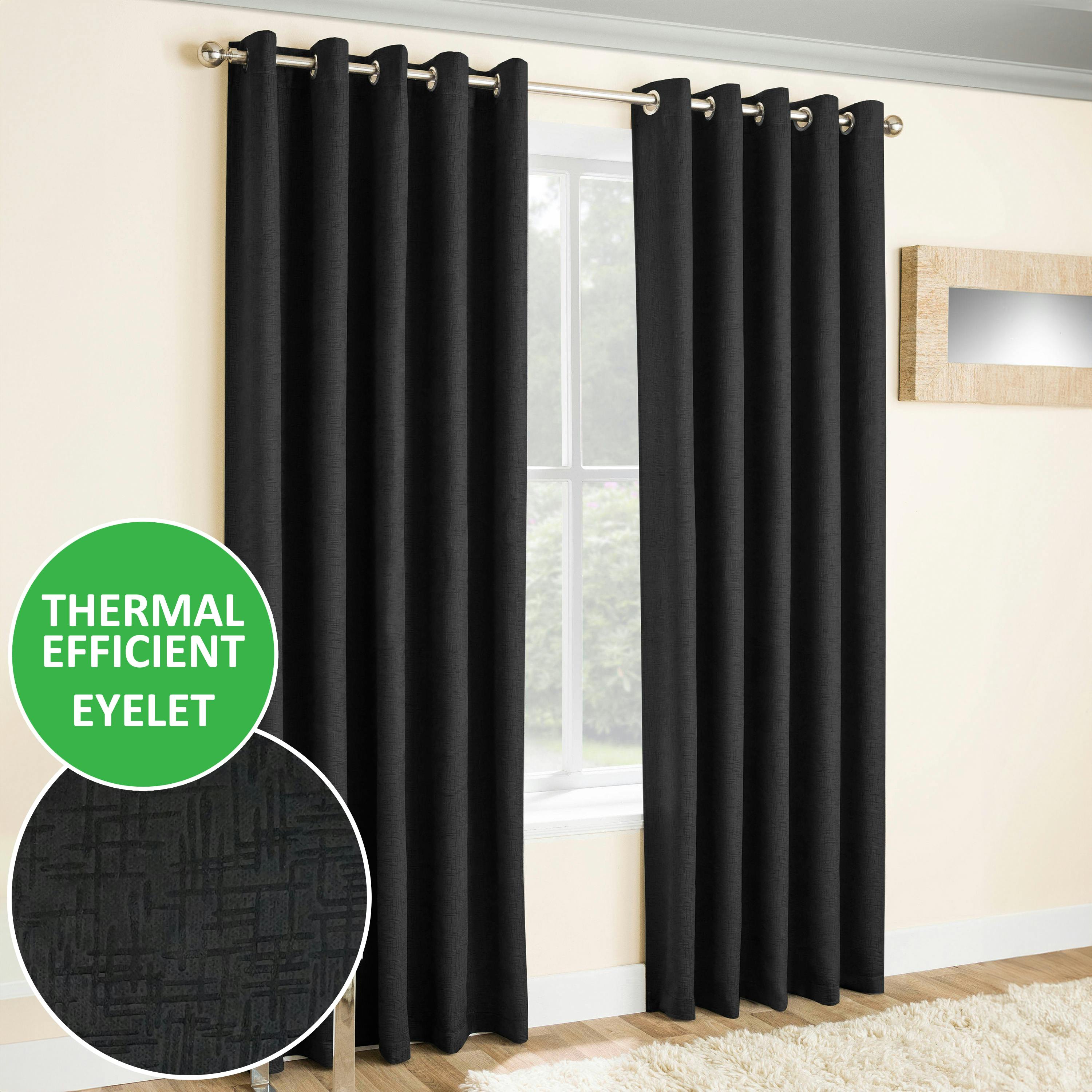 Rackhams Black Plain Textured Thermal Room Darkening Energy Saving Pair Of Curtains For Bedroom & Living Room - 90" (229Cm) Width X 72" (183Cm) Drop