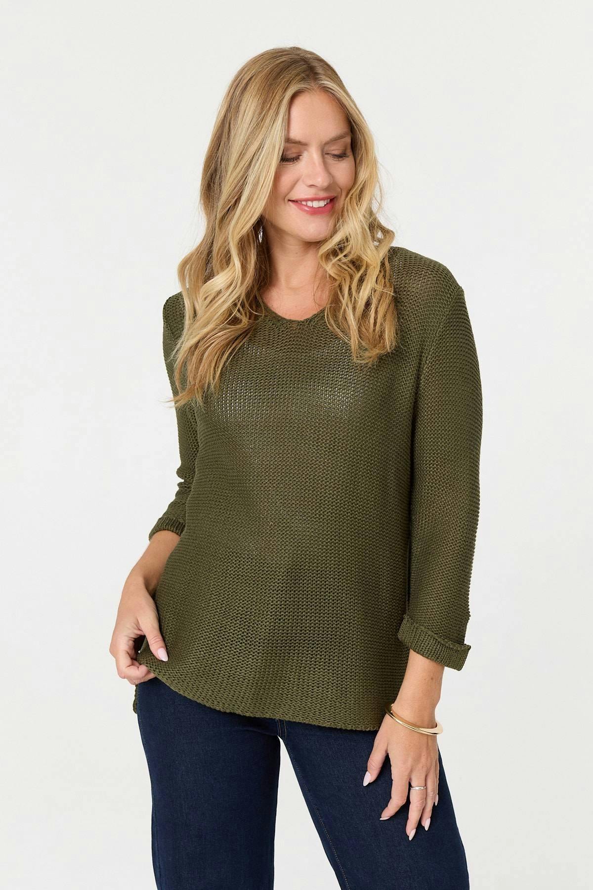 Izabel London Light Mesh Texture 3/4 Sleeve Relaxed Top - 12/14 - Khaki
