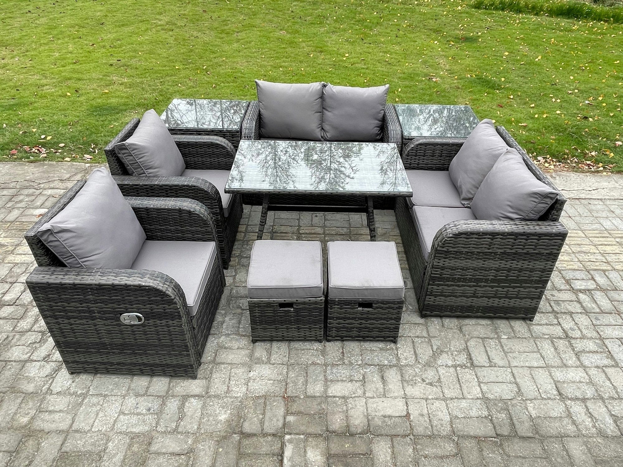 Rackhams Dark/Grey 8 Seater Mixed Pe Wicker Rattan Outdoor Dining Set - Rectangular Dining Table, 2 Side Tables & 2 Footstools
