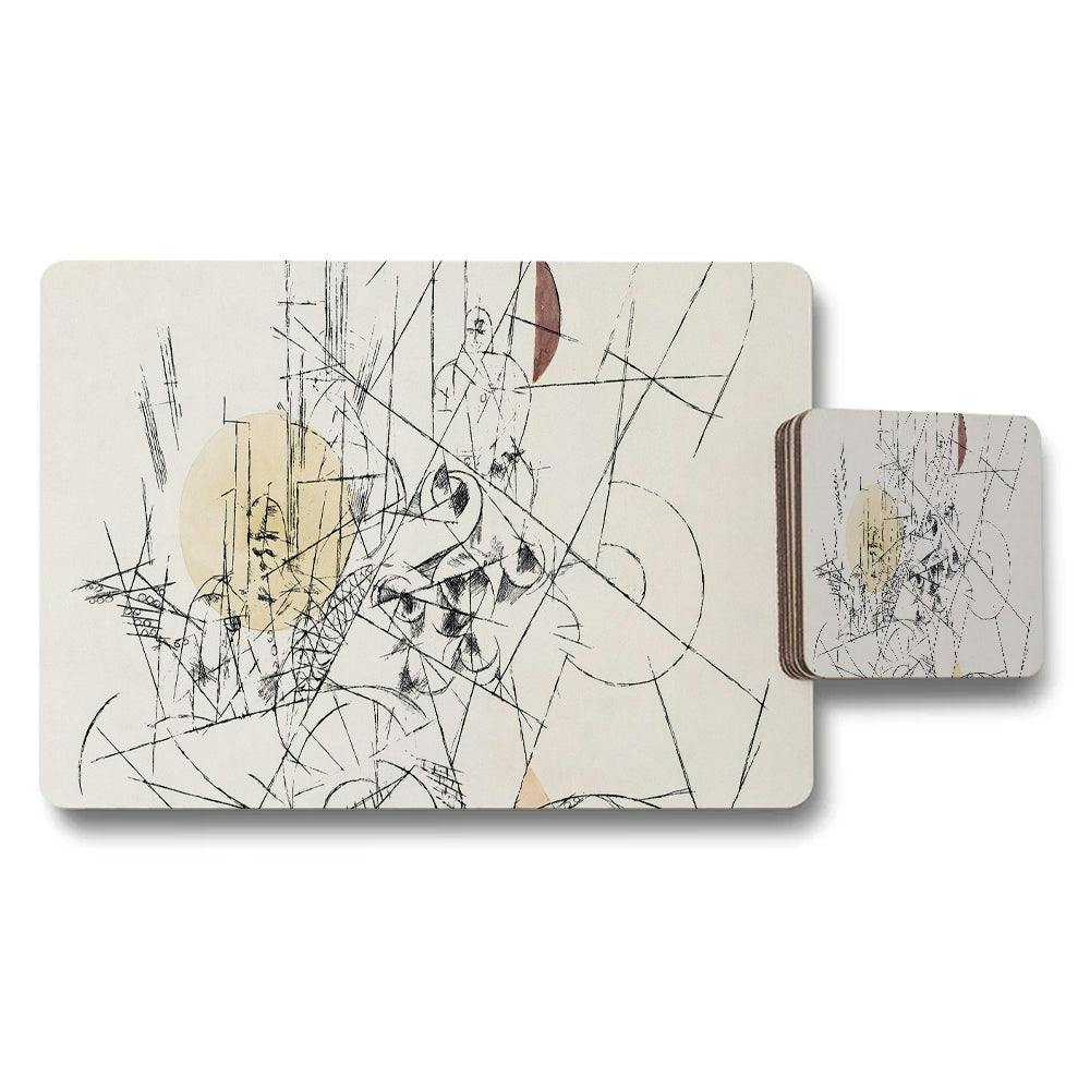 Rackhams Black/Beige/Light Abstract Line Art Placemat And Coaster Set For Modern Dining