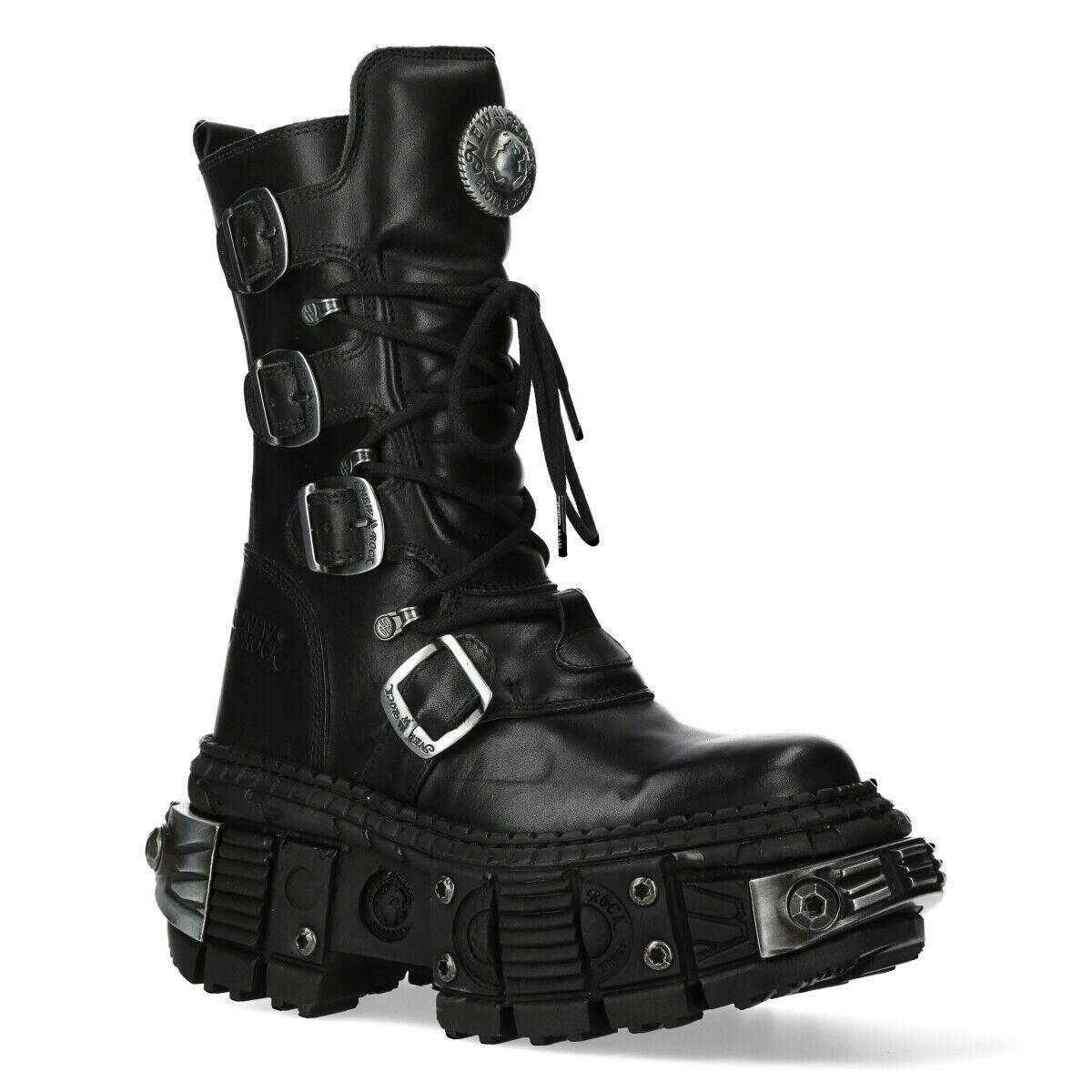 New Rock Unisex Black Mid Calf Leather Goth Boots-Wall1473-S11 - Uk 11 | Eu 45 | Us 12