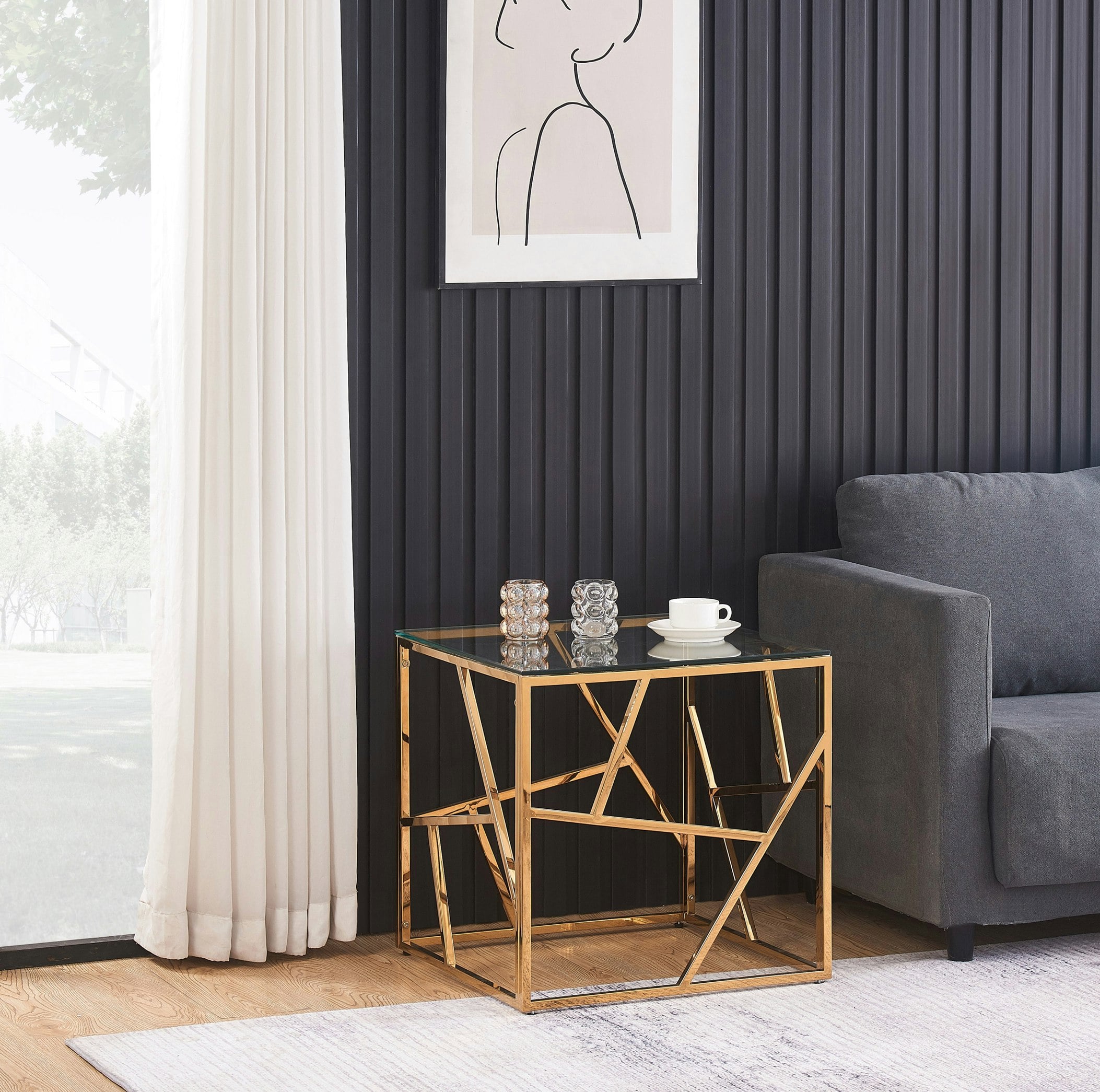 Comfy Living Gold/Silver Glass And Metal Square End Table Side Table In Or Living Room
