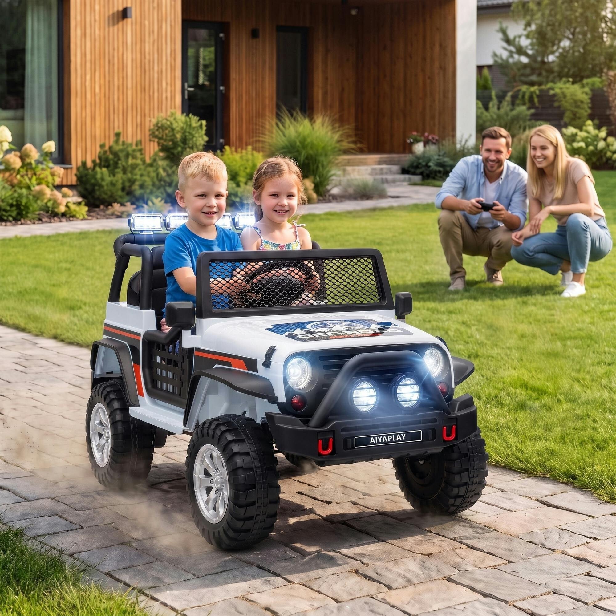 Aiyaplay White 12V Kids Electric Ride On Car, Battery Powered Off Road Truck