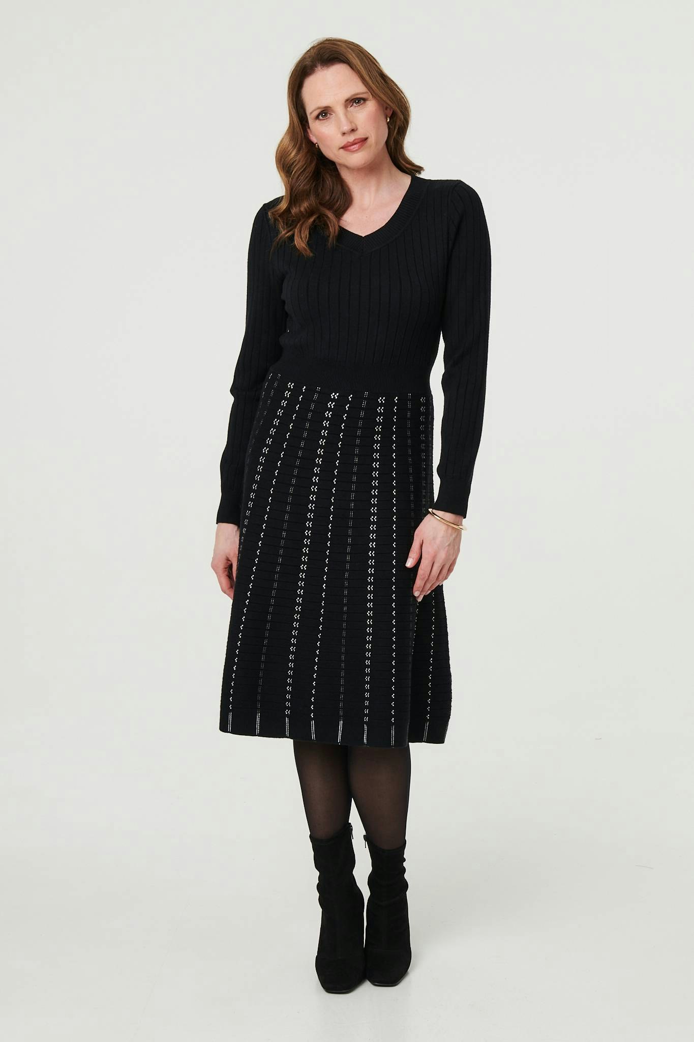 Izabel London Black Striped Long Sleeve Midi Knit Dress - 16