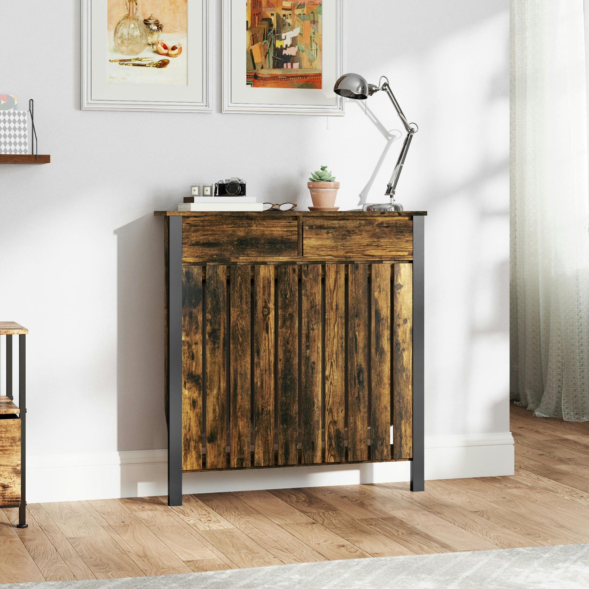 Rackhams Black/Brown Small Radiator Cover With Drawer And Vertical Slats 88.5 X 19 X 93Cm