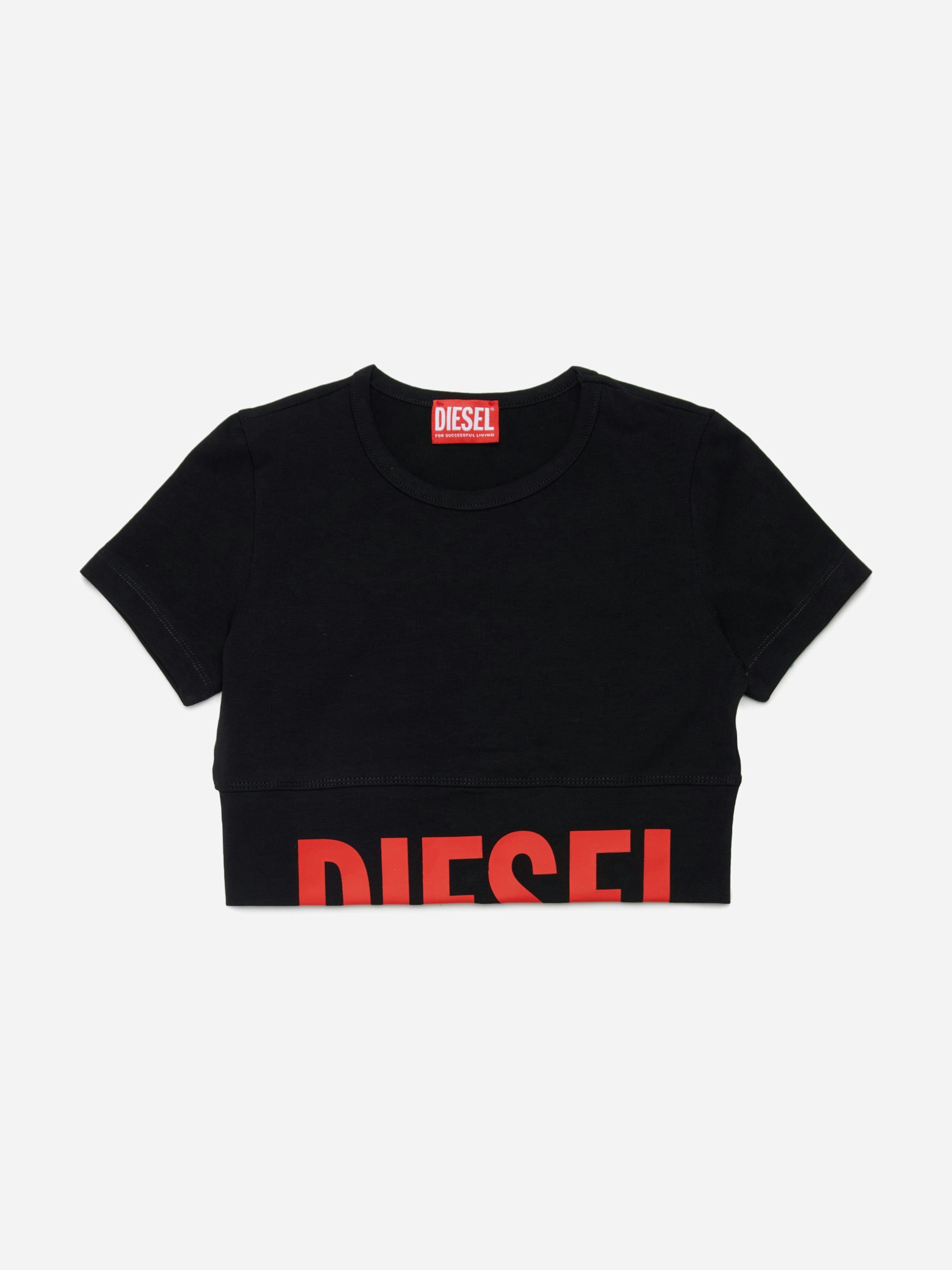 Diesel Girls Black Cropped Logo T-Shirt In - 10 Yrs