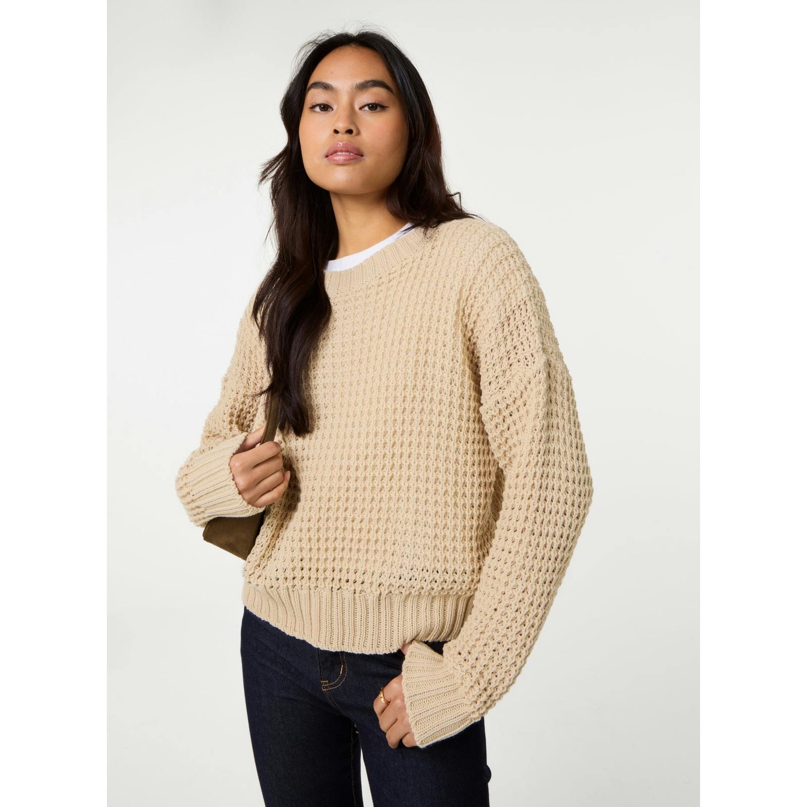 Pink Vanilla Waffle Knit Crop Jumper - S-M - Stone