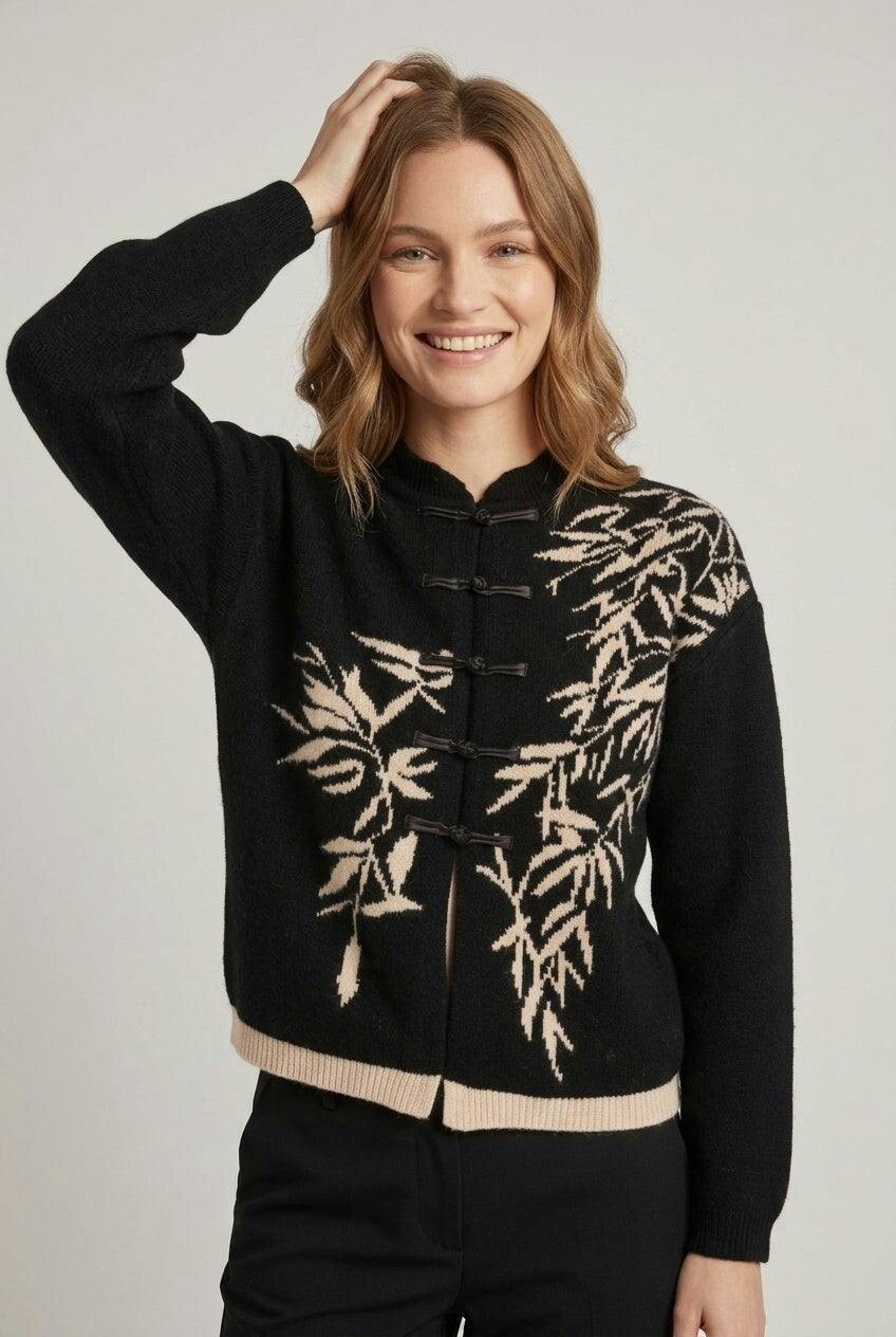 Izabel London Black Leaf Print Mandarin Button-Up Cardigan - 14