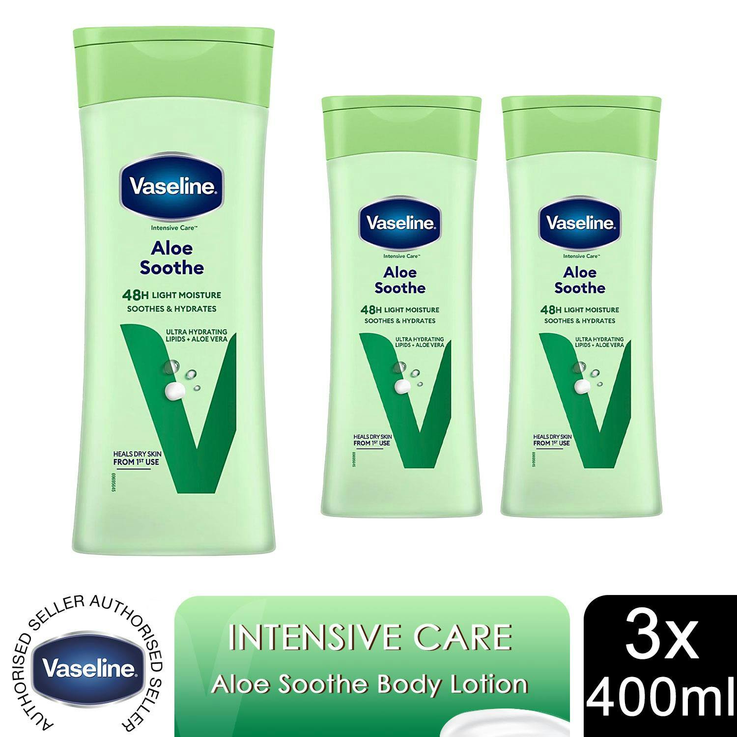 Vaseline Intensive Care Body Lotion Aloe Soothe 48H Moisture 400Ml, 3 Pack