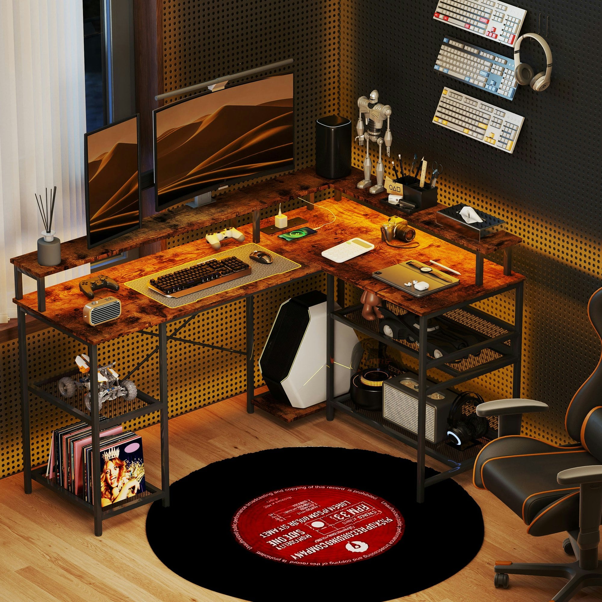 Rackhams L Shaped Gaming Desk W/ Led Lights And Power Outlets