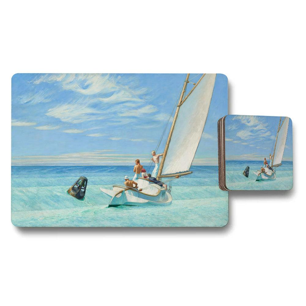 Rackhams Turquoise/Blue/White Sailing Boat Beach Scene Artistic Placemat And Coaster Set