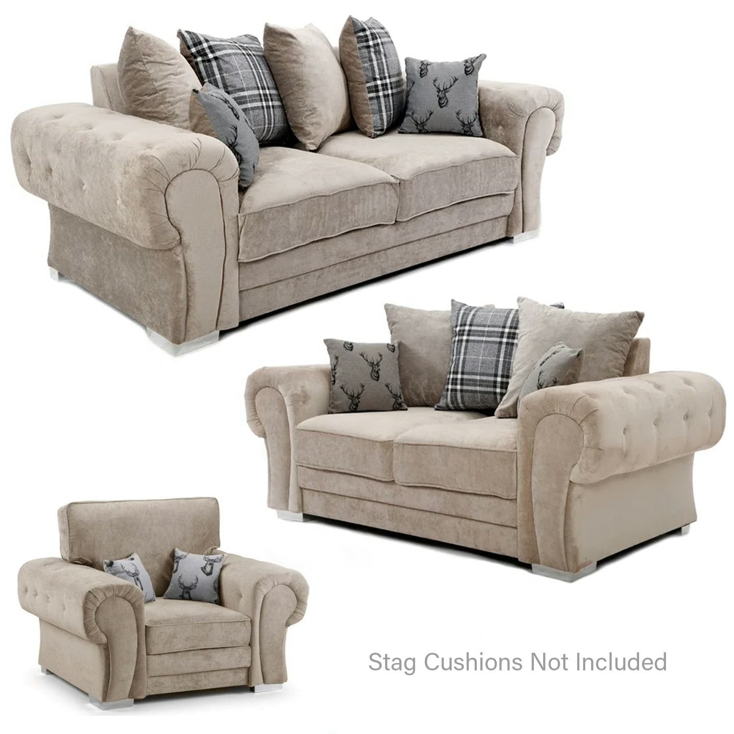 Furnishings For Less Black/Grey Milan Chesterfield Fabric 3 Piece Sofa Suite - Scatter Back - Mink