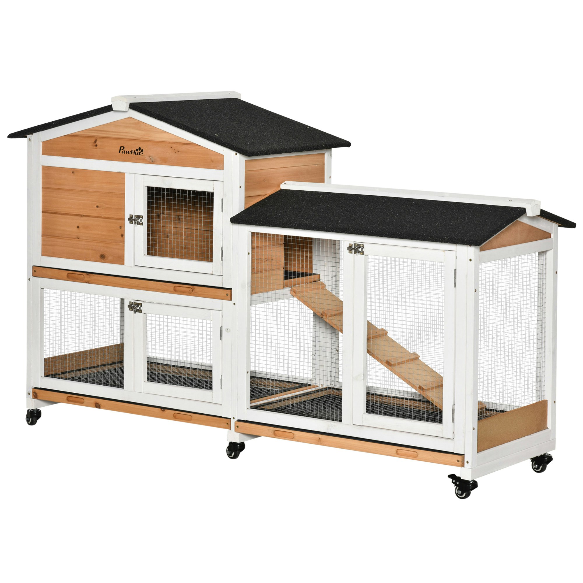 Pawhut Yellow Wooden Rabbit Hutch Guinea Pig Cage W/ Wheels, Run, Ramp, - Fir, Steel, Asphalt - Size 1