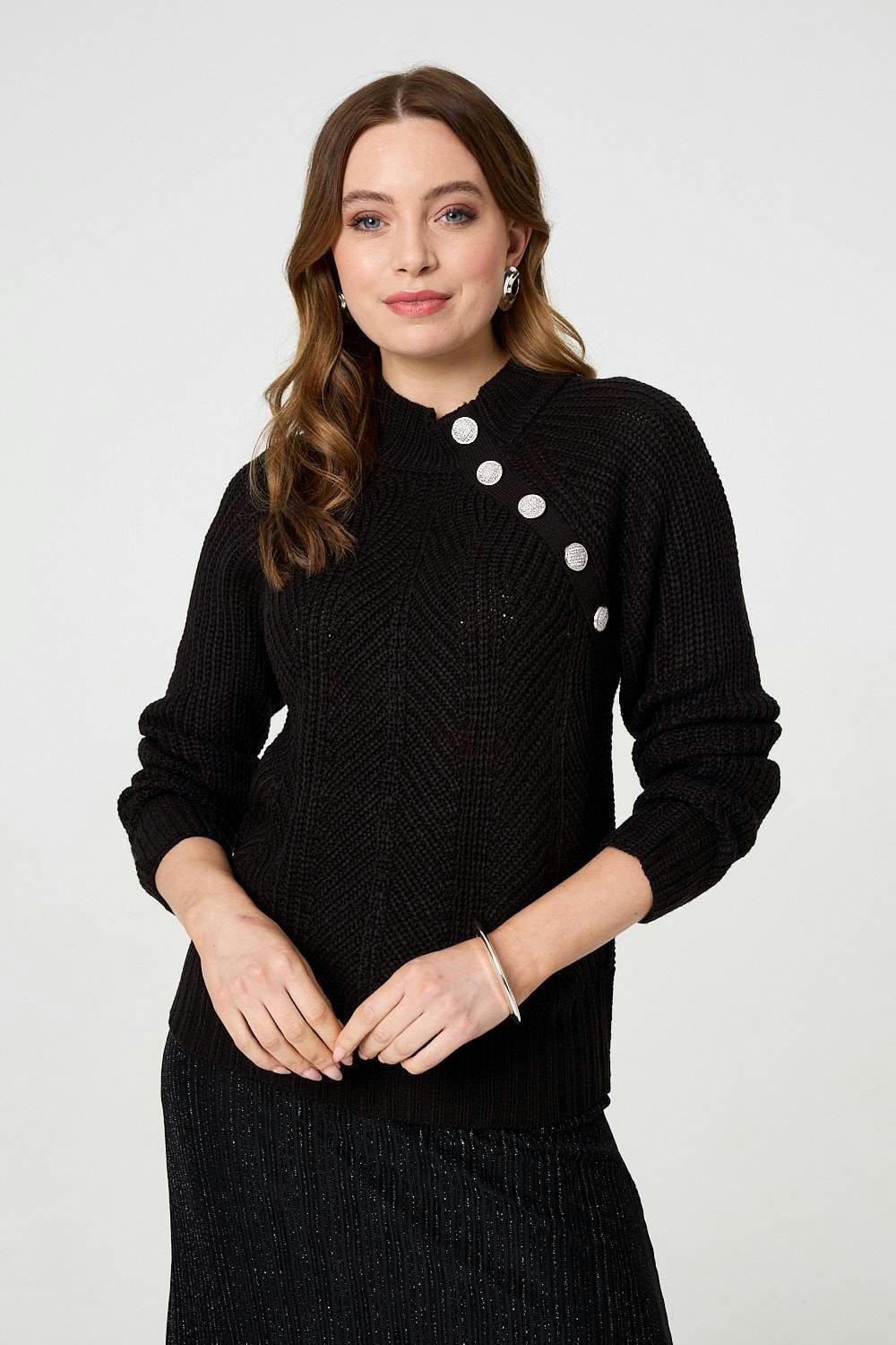 Izabel London Black Textured Knit Button Detail Jumper - 16