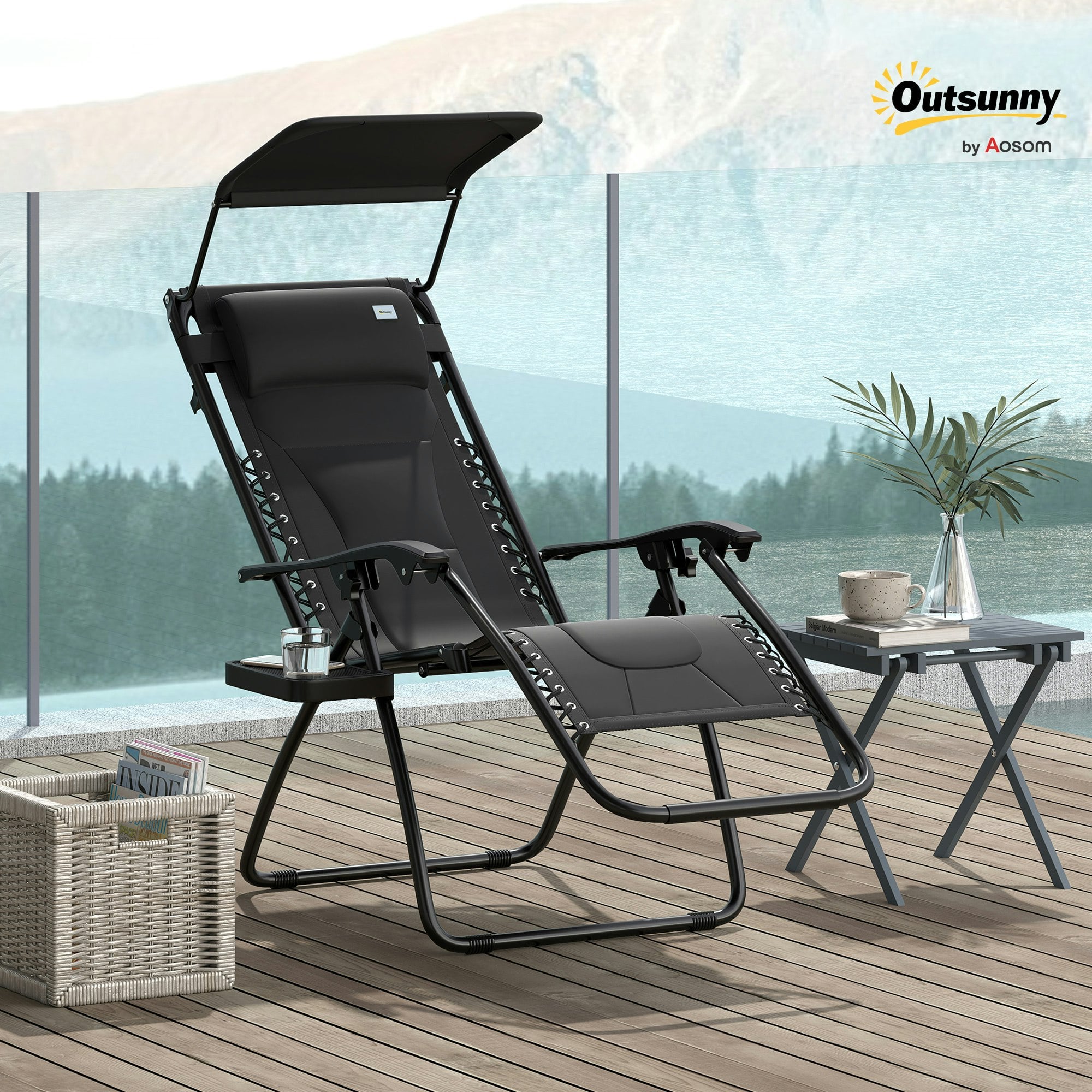 Outsunny Zero Gravity Lounger Chair - Folding Reclining Chair - Black Steel - Outdoor Furniture - Image 4