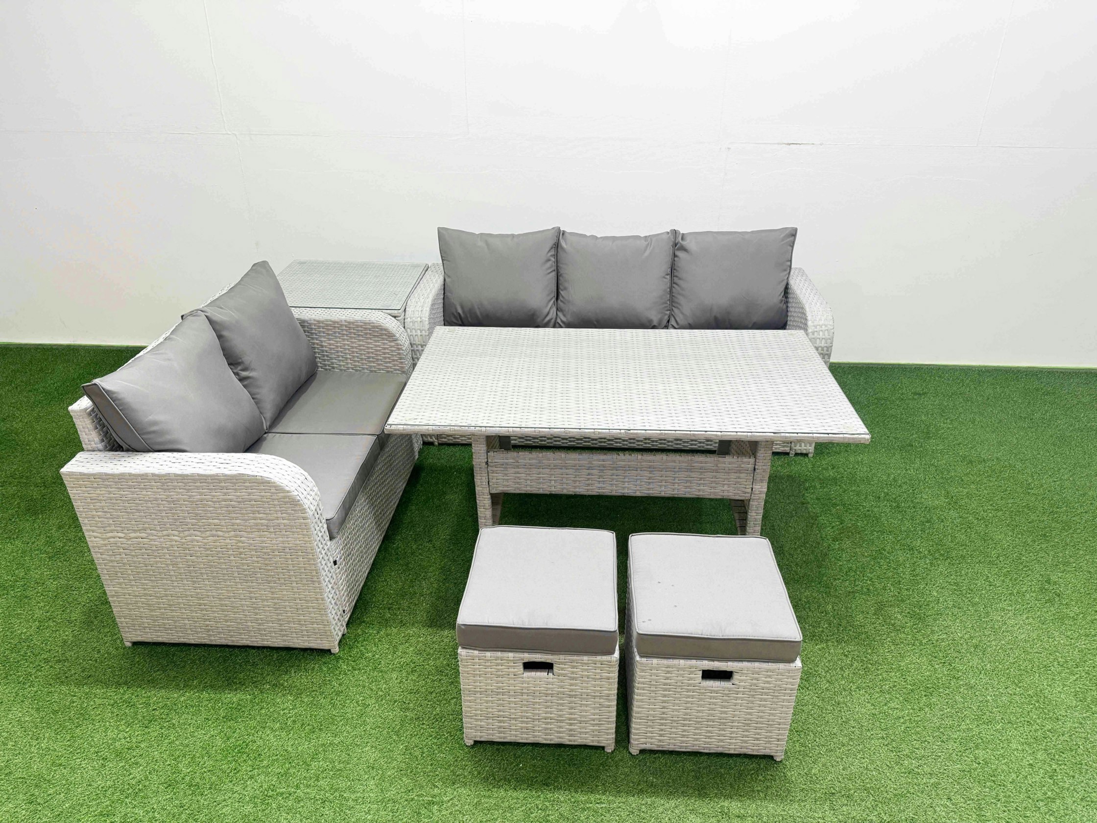 Fimous Light/Grey/Dark 7 Seater Rattan Conservatory Sofa Set - Rectangular Dining Table, 3-Seater Sofa, Loveseat & 2 Stools