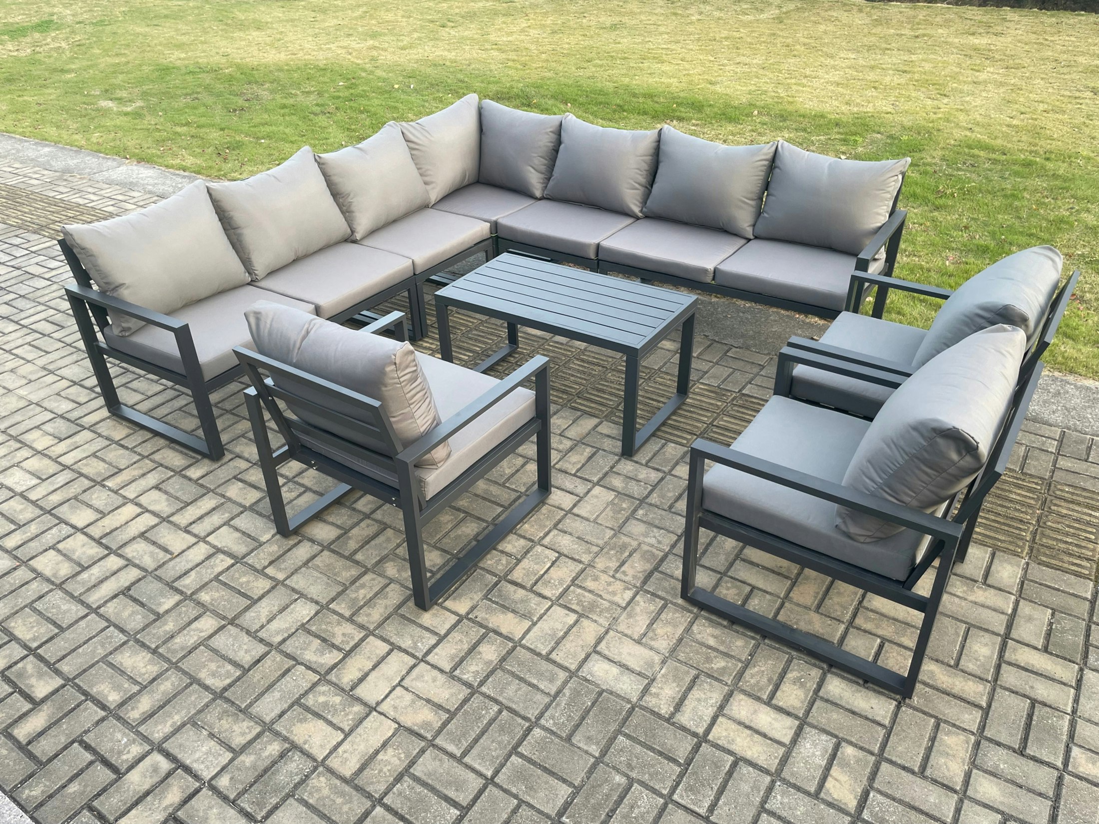Rackhams Dark/Grey Aluminium Patio Outdoor Garden Furniture Lounge Corner Sofa Set With Oblong Coffee Table 3 Chairs