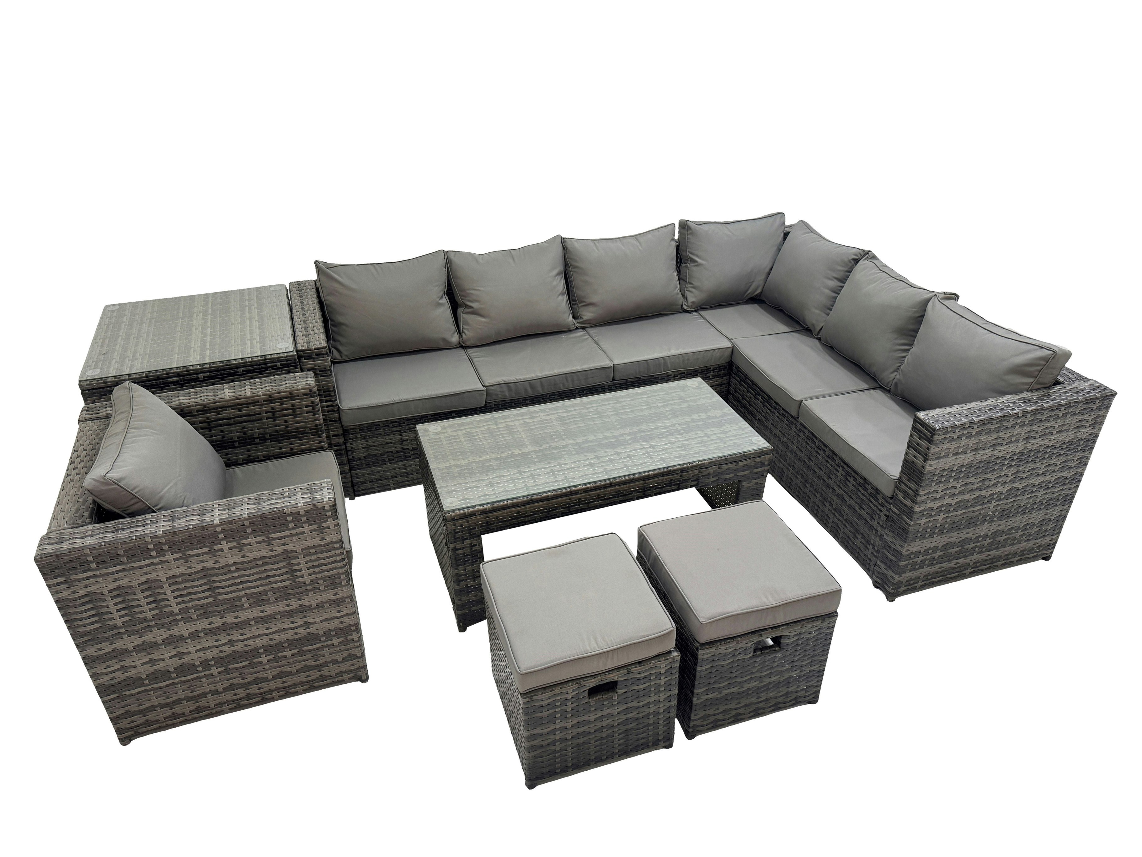 Rackhams Dark/Grey Outdoor Rattan Oblong Coffee Table Corner Sofa Sets Garden Furniture Set With Chair 2 Small Stools Side Table Mixed