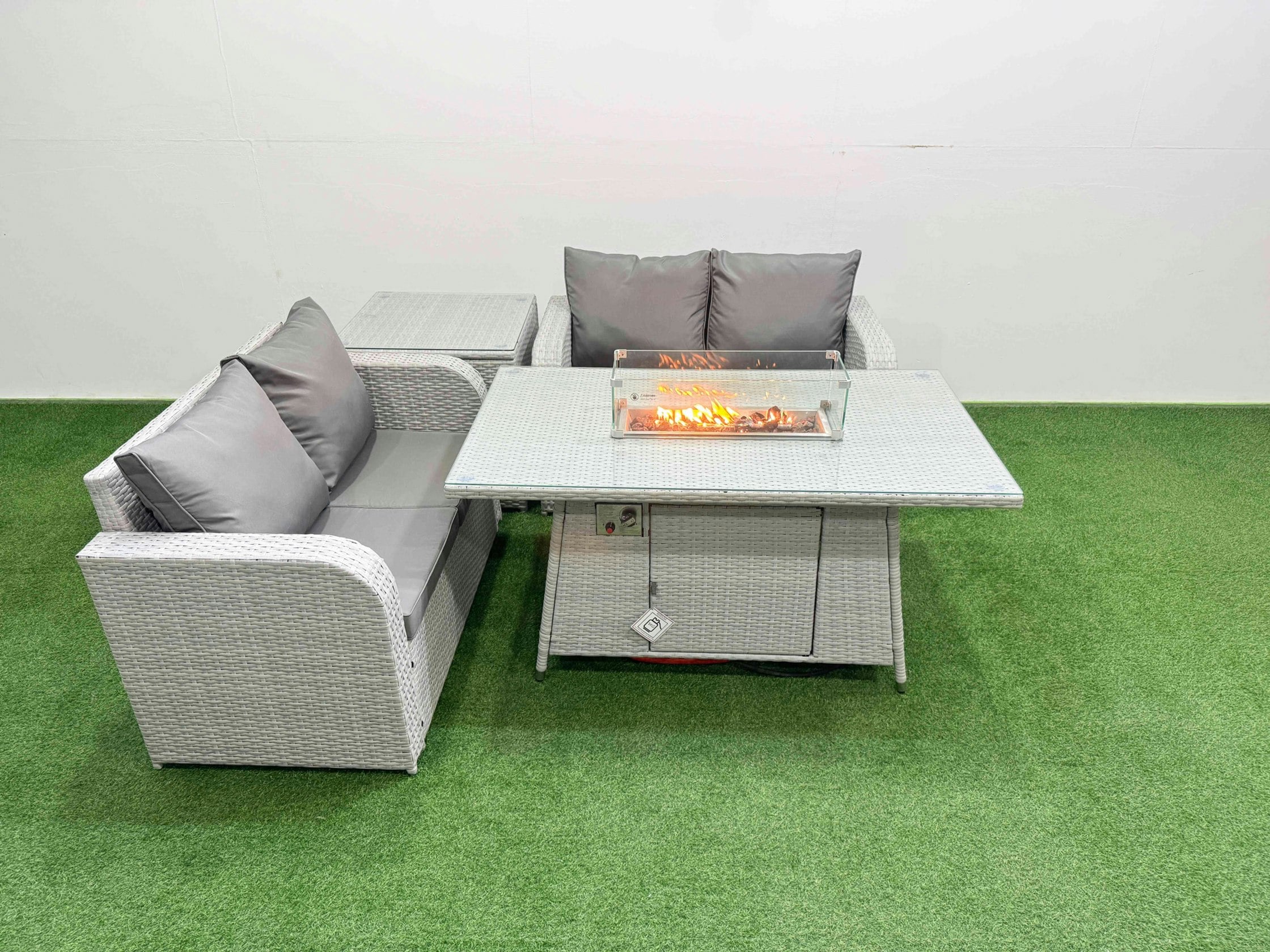 Fimous Light/Grey 4 Seater Outdoor Love Sofa Set Rattan Garden Furniture Set With Fire Pit Dining Table Side Table