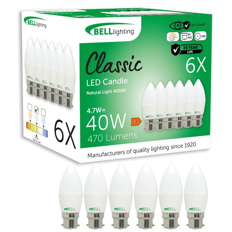 Rackhams White Dimmable B22 Led Candle Bulbs 4.7W 470Lm Natural 4000K Energy Saving 40W Equivalent, Bayonet Cap - Pack Of 6