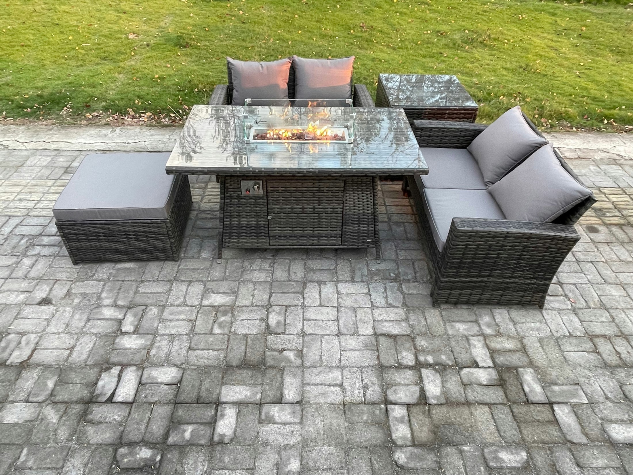 Fimous 5 Pieces Garden Furniture Sets Poly Rattan Outdoor Patio Gas Fire Pit Dining Table Sofa Set With Side Table Big Footstool
