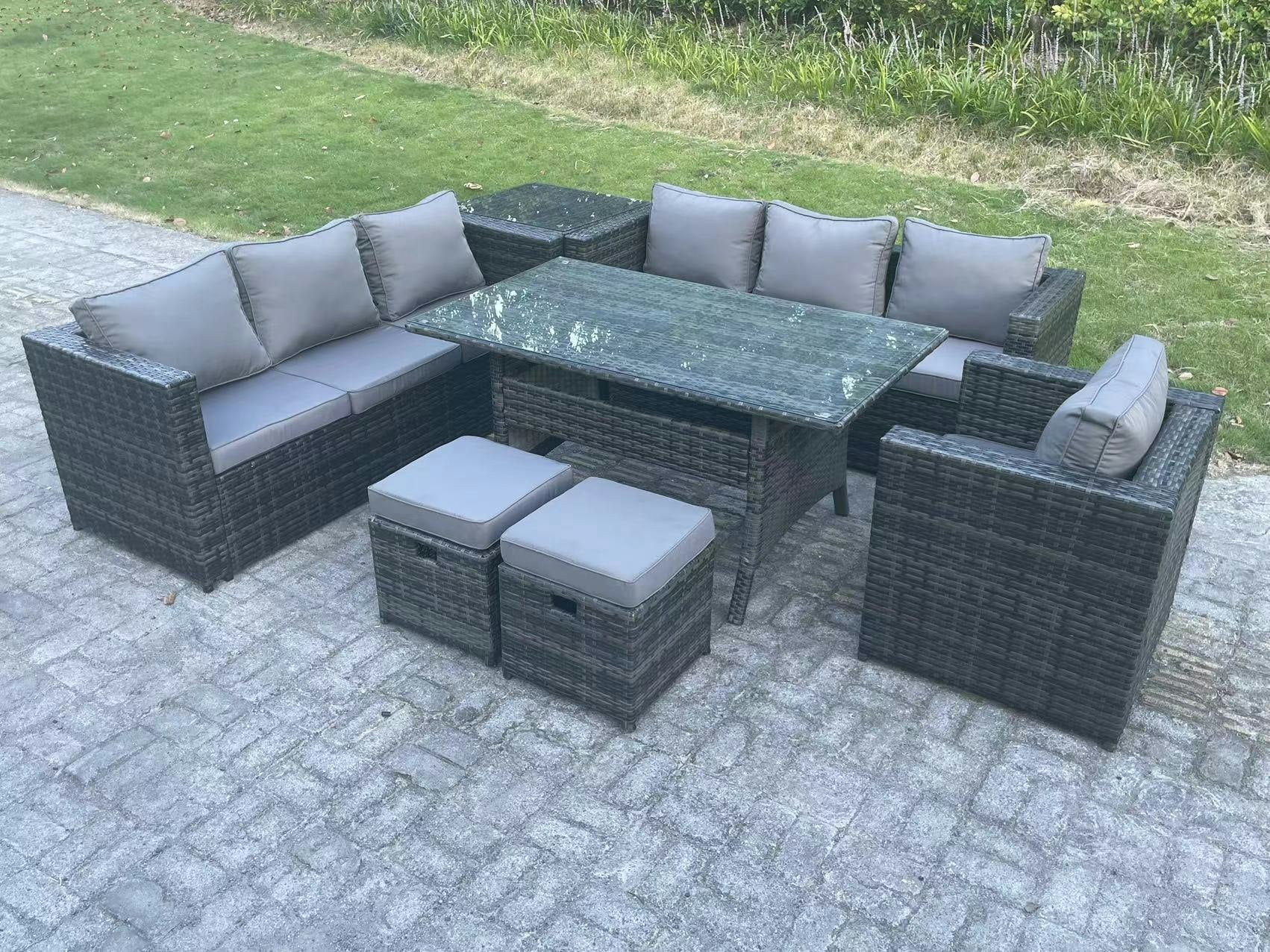Rackhams Dark/Grey 9 Seater Outdoor Lounge Sofa Garden Furniture Set Patio Chair Rattan Rectangular Dining Table With Side Table 2 Small Footstool Mixed