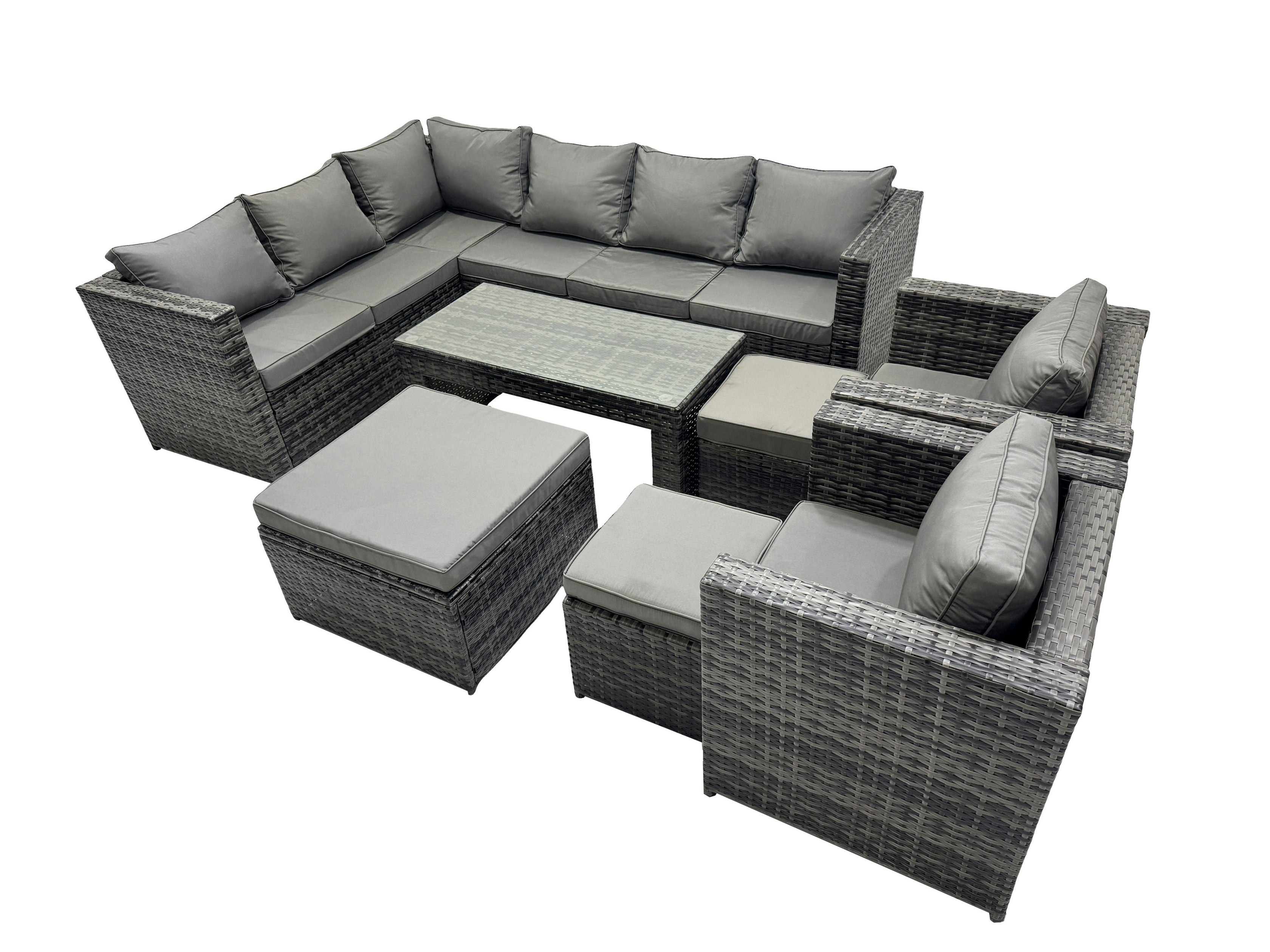 Rackhams Dark/Grey 8 Pieces Outdoor Pe Rattan Garden Furniture Corner Sofa Oblong Coffee Table Set With Cushions 3 Footstools Mixed