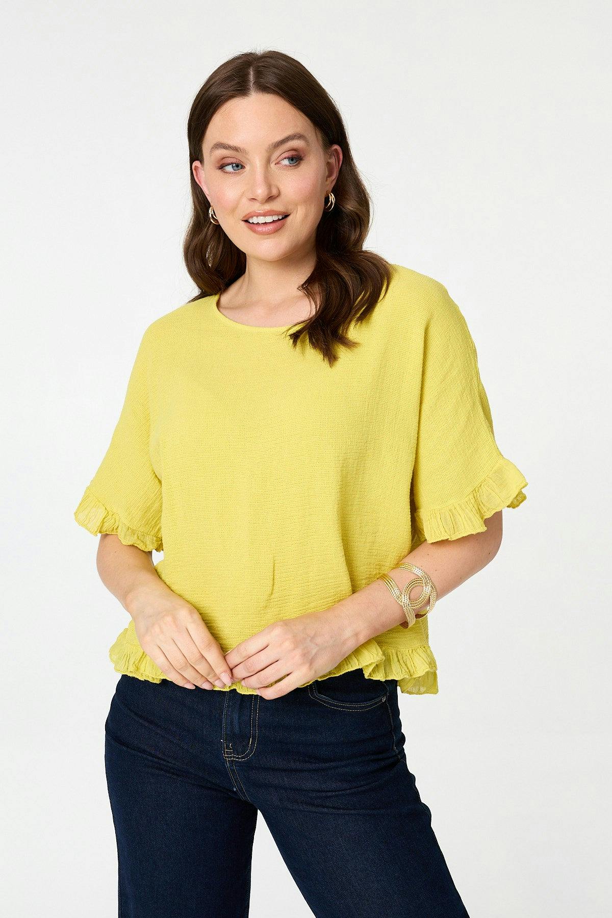 Izabel London Yellow Frill Hem 1/2 Sleeve Relaxed Top - 12