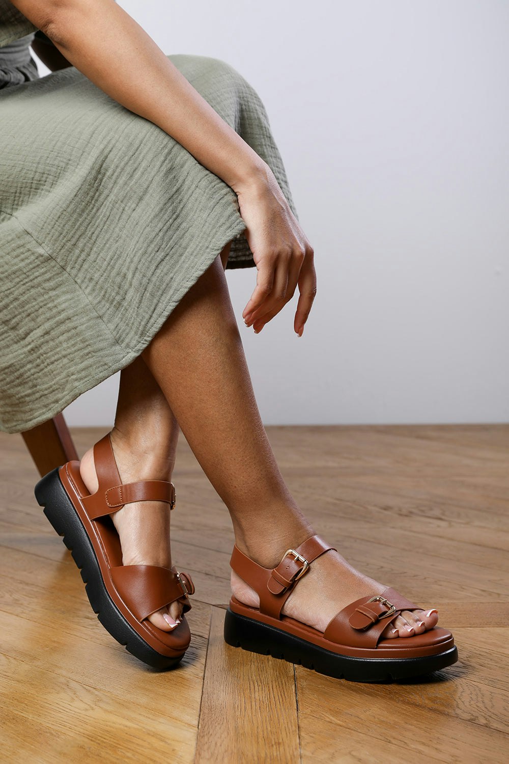 Where's That From Allison Chunky Buckle Strap Sandal In Tan Faux Leather - Tan Size 4