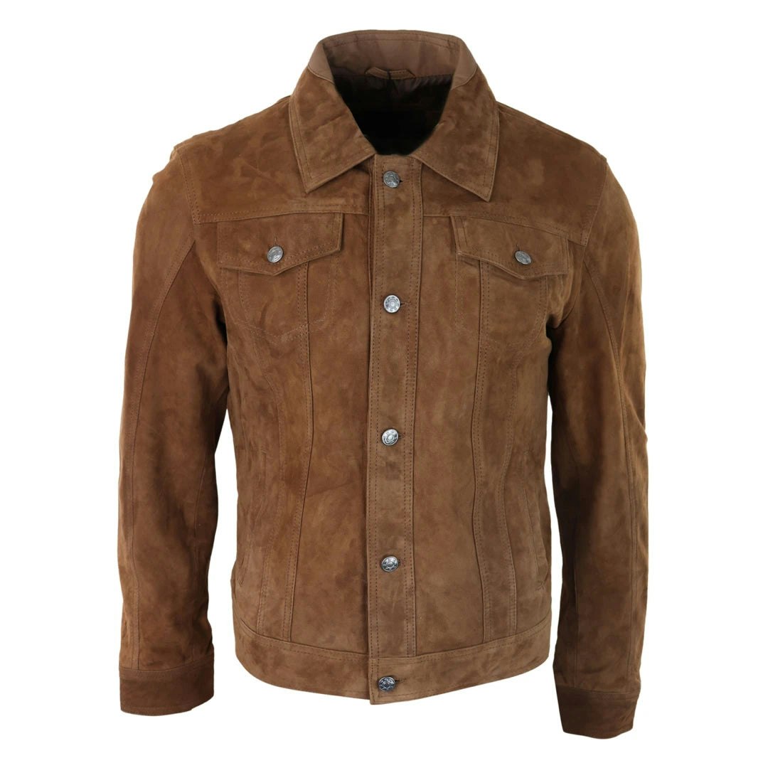 Infinity Leather Men's Leather Company Genuine Suede Jacket Leather Jeans Denim Short Biker Classic Vintage - Tan - 4XL
