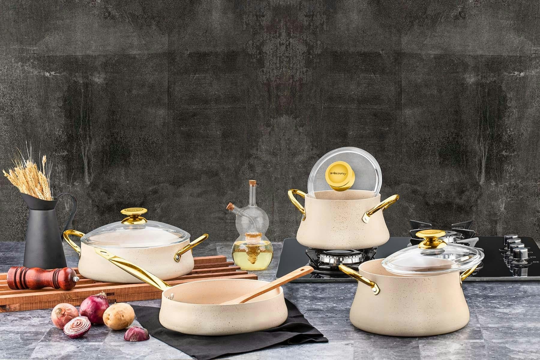 Rackhams Cream Dora Collection 7-Piece Non-Stick Granite Cookware Set (Cream)