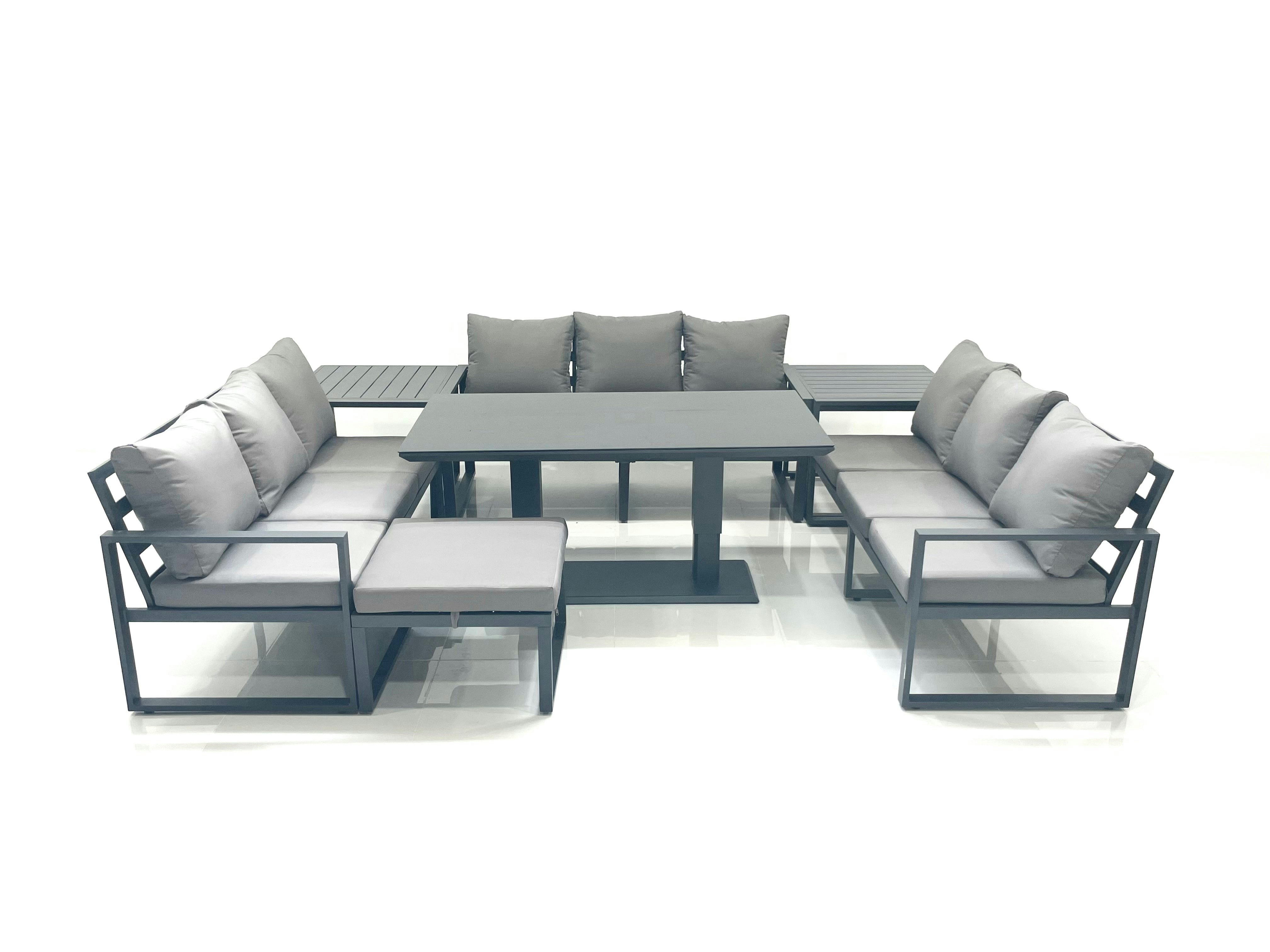 Fimous Dark/Grey 10 Seater Garden Sofa Set Aluminium Furniture Rising Dining Tabe Set With 2 Side Tables Big Footstool